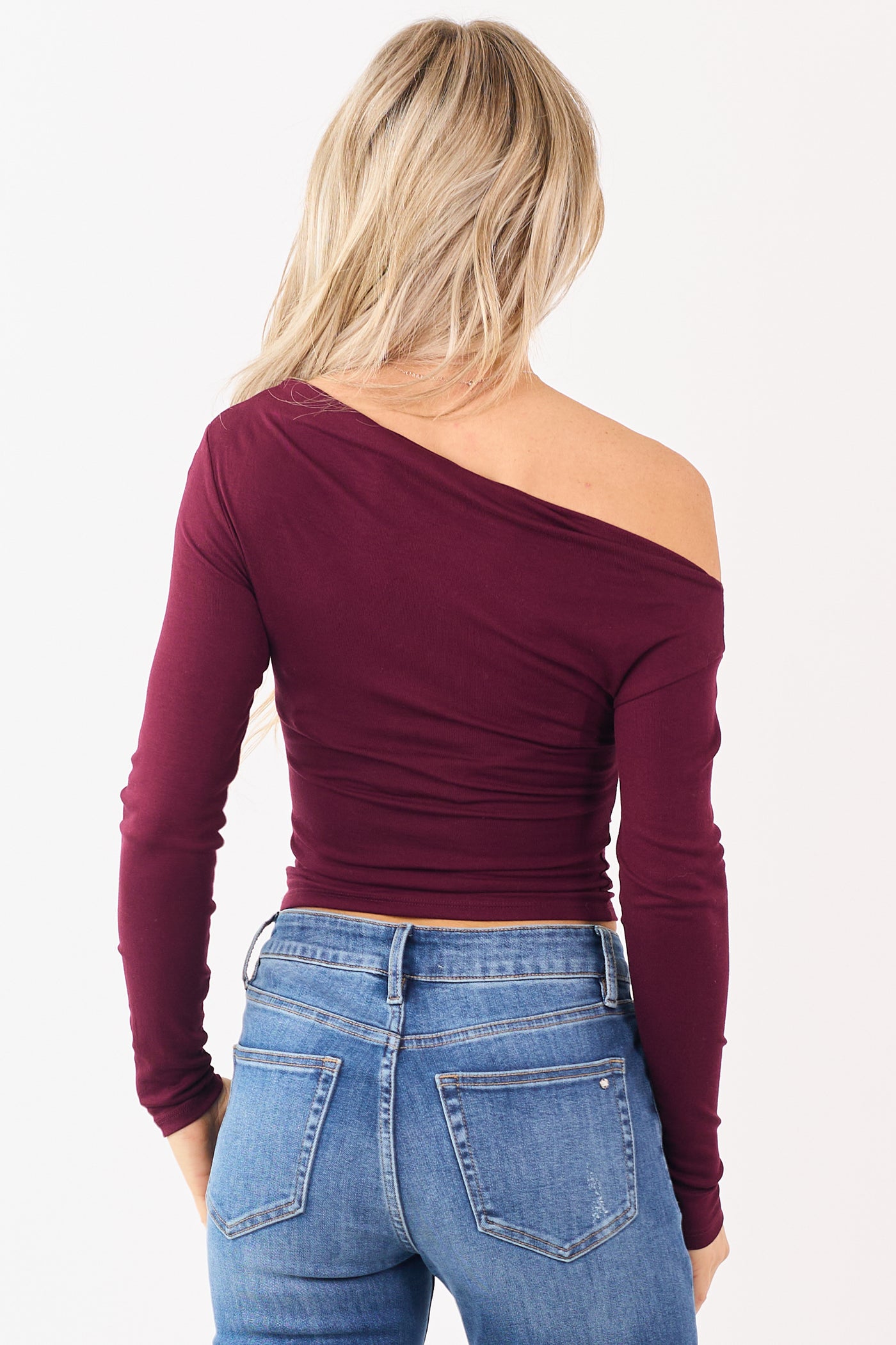 Wine Asymmetrical One Shoulder Long Sleeve Top