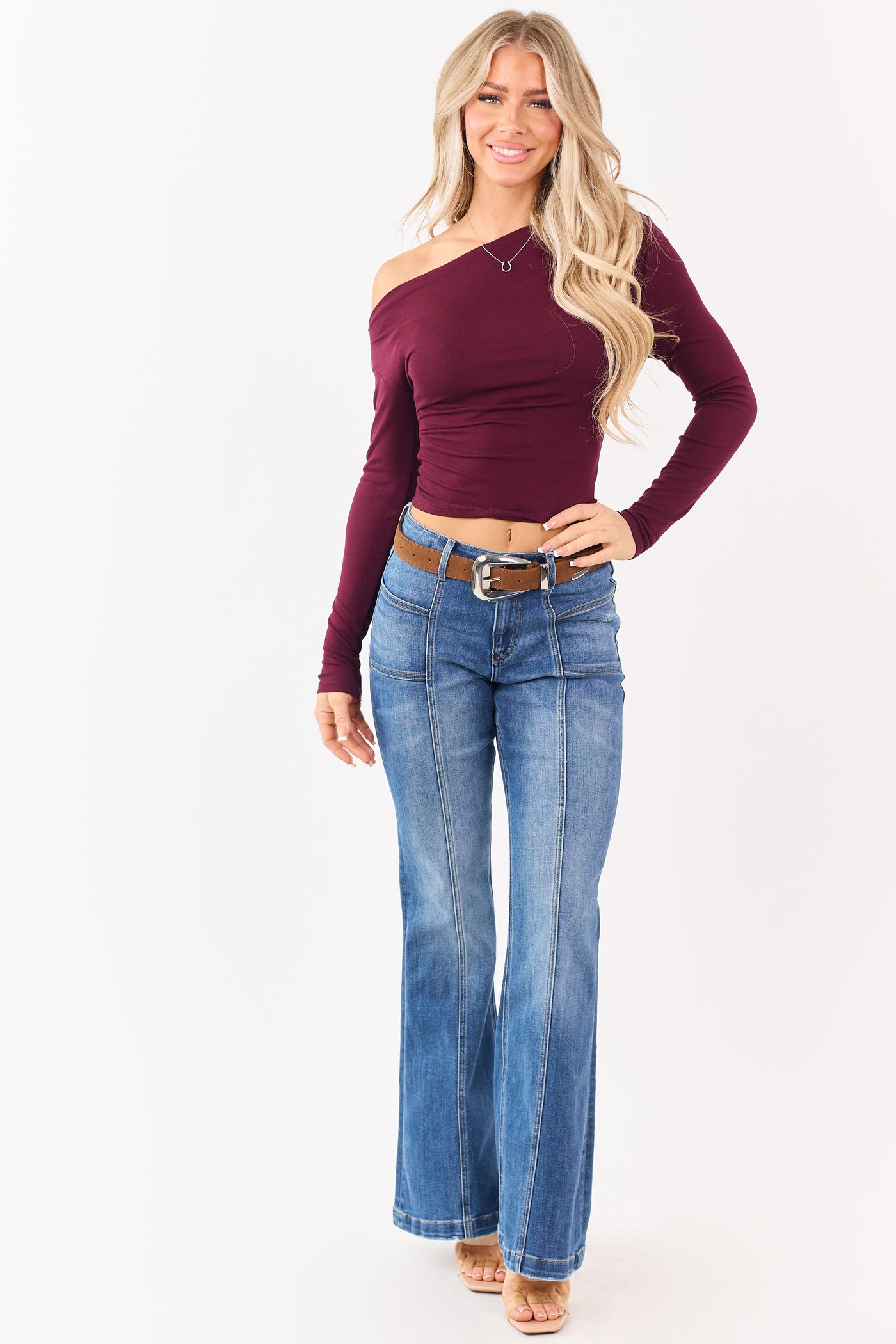 Wine Asymmetrical One Shoulder Long Sleeve Top