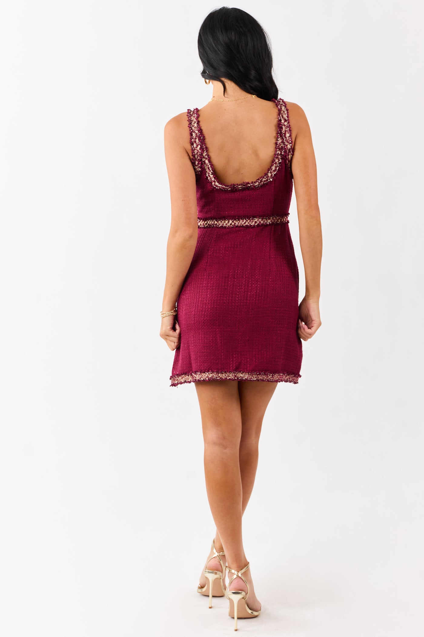 Wine Contrast Trim Tweed Sleeveless Mini Dress