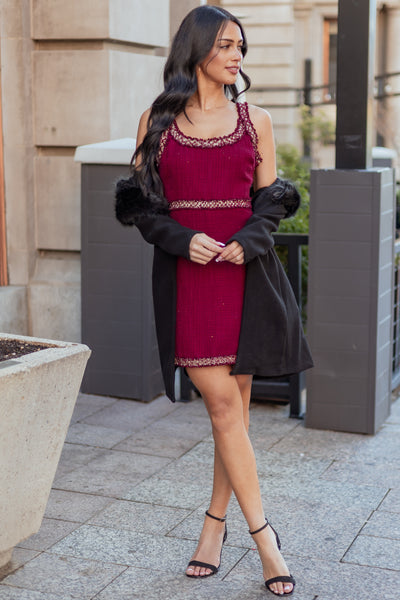 Wine Contrast Trim Tweed Sleeveless Mini Dress
