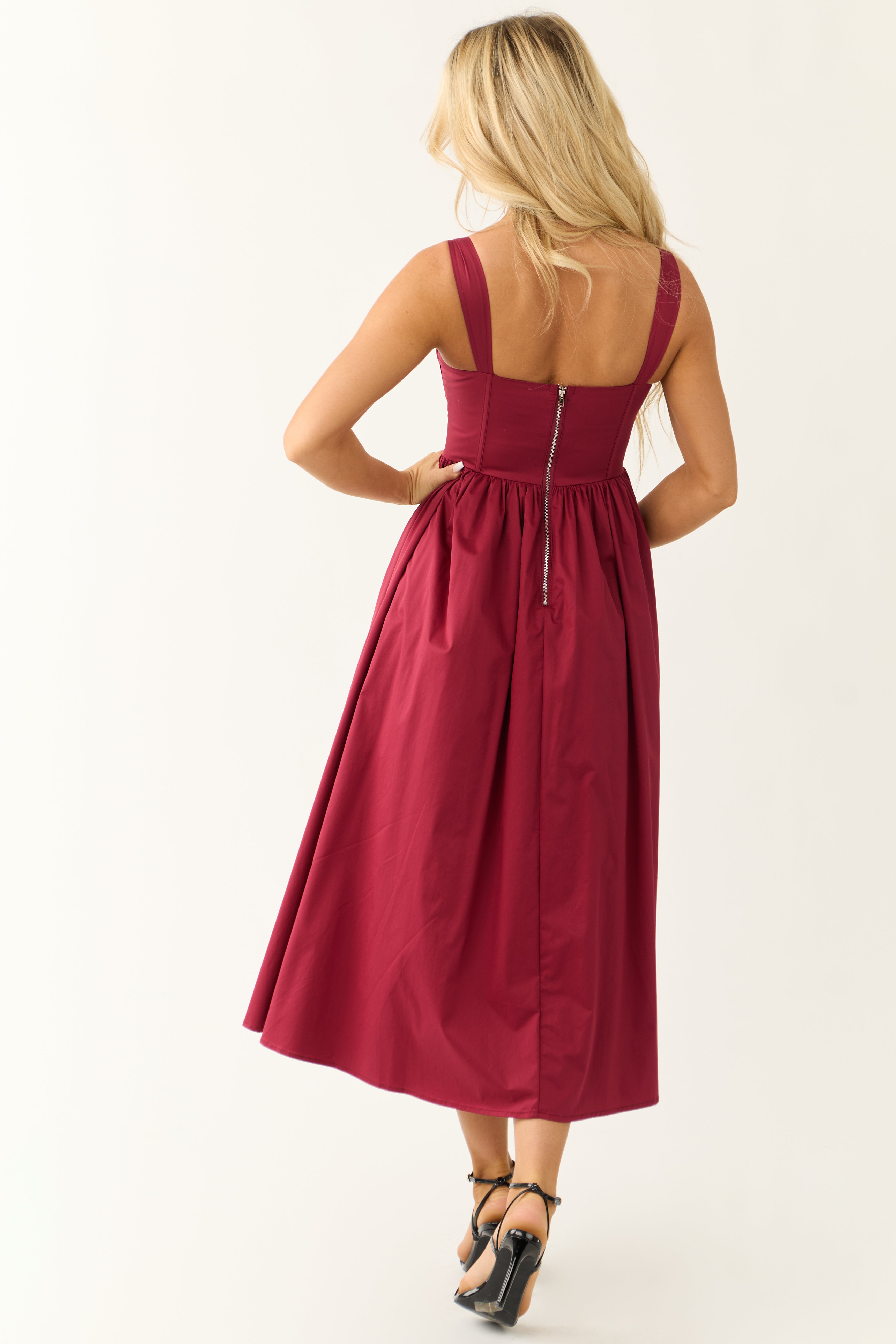 wine satin pleated corset midi dress Flora Wine Satin Pleated Corset Midi Dress