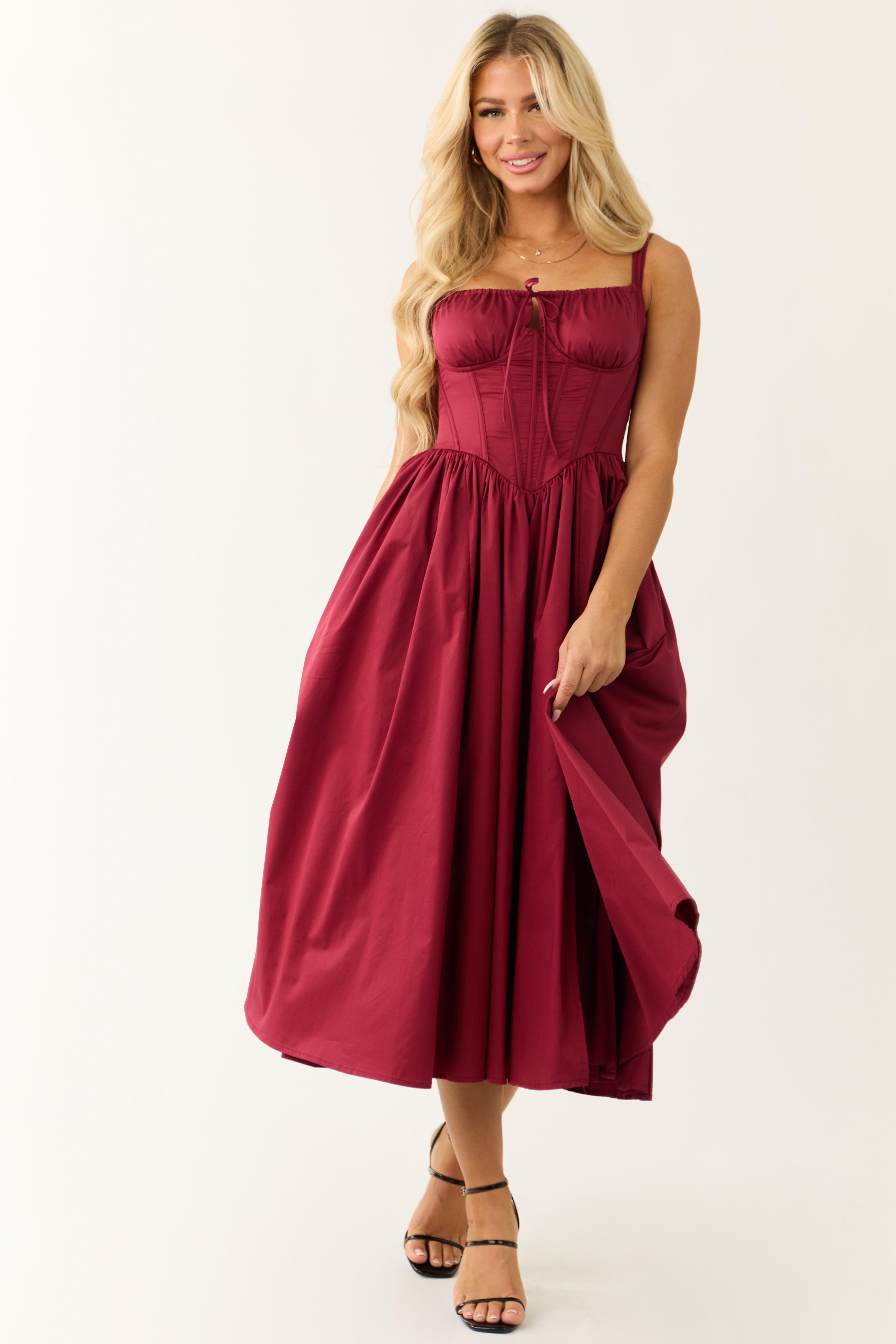 Wine Corset Sleeveless Front Slit Midi Dress | Lime Lush Boutique