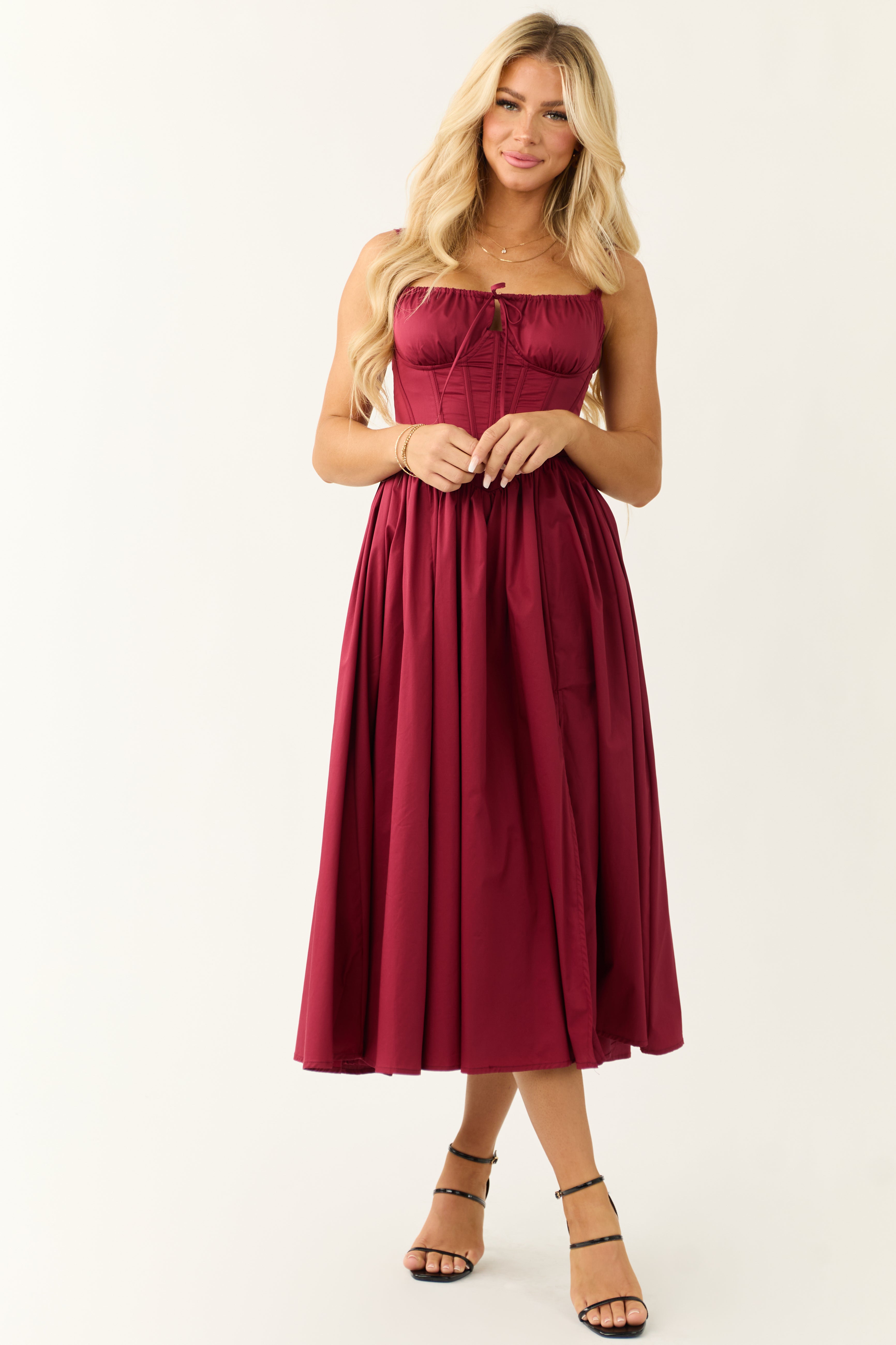 Wine Corset Sleeveless Front Slit Midi Dress | Lime Lush Boutique Wine Corset Sleeveless Front Slit Midi Dress | Lime Lush Boutique