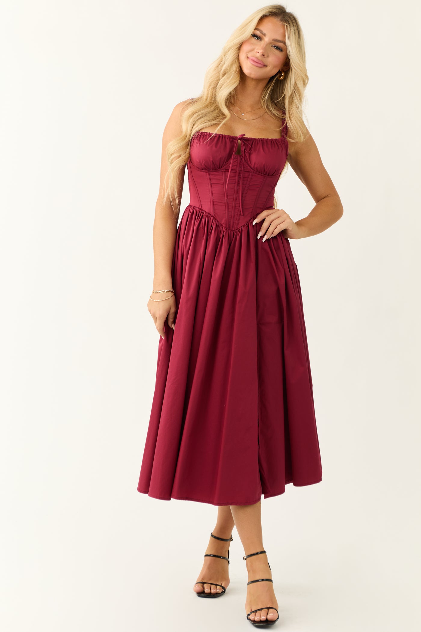 Wine Corset Sleeveless Front Slit Midi Dress Wine Corset Sleeveless Front Slit Midi Dress