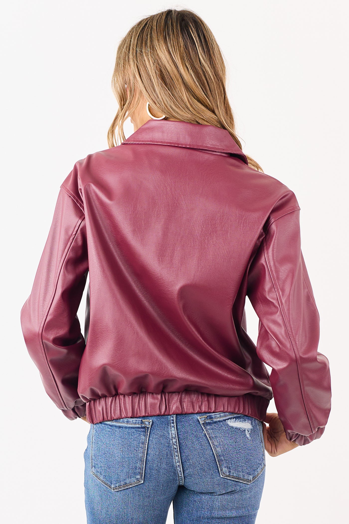 Wine Crinkle Faux Leather Zip Up Bomber Jacket