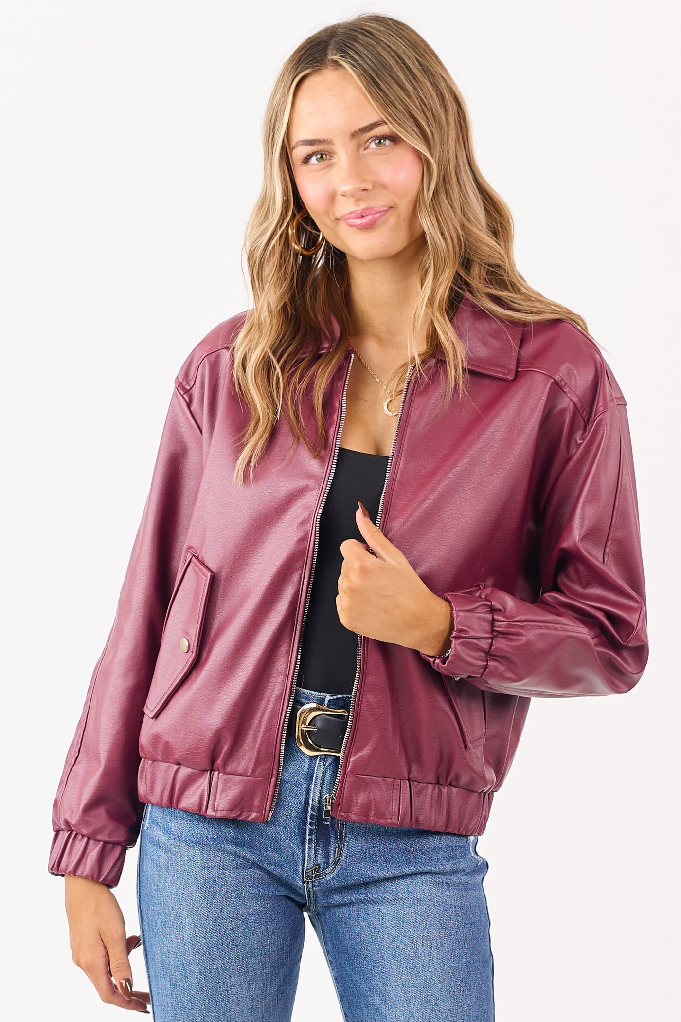 Wine Crinkle Faux Leather Zip Up Bomber Jacket