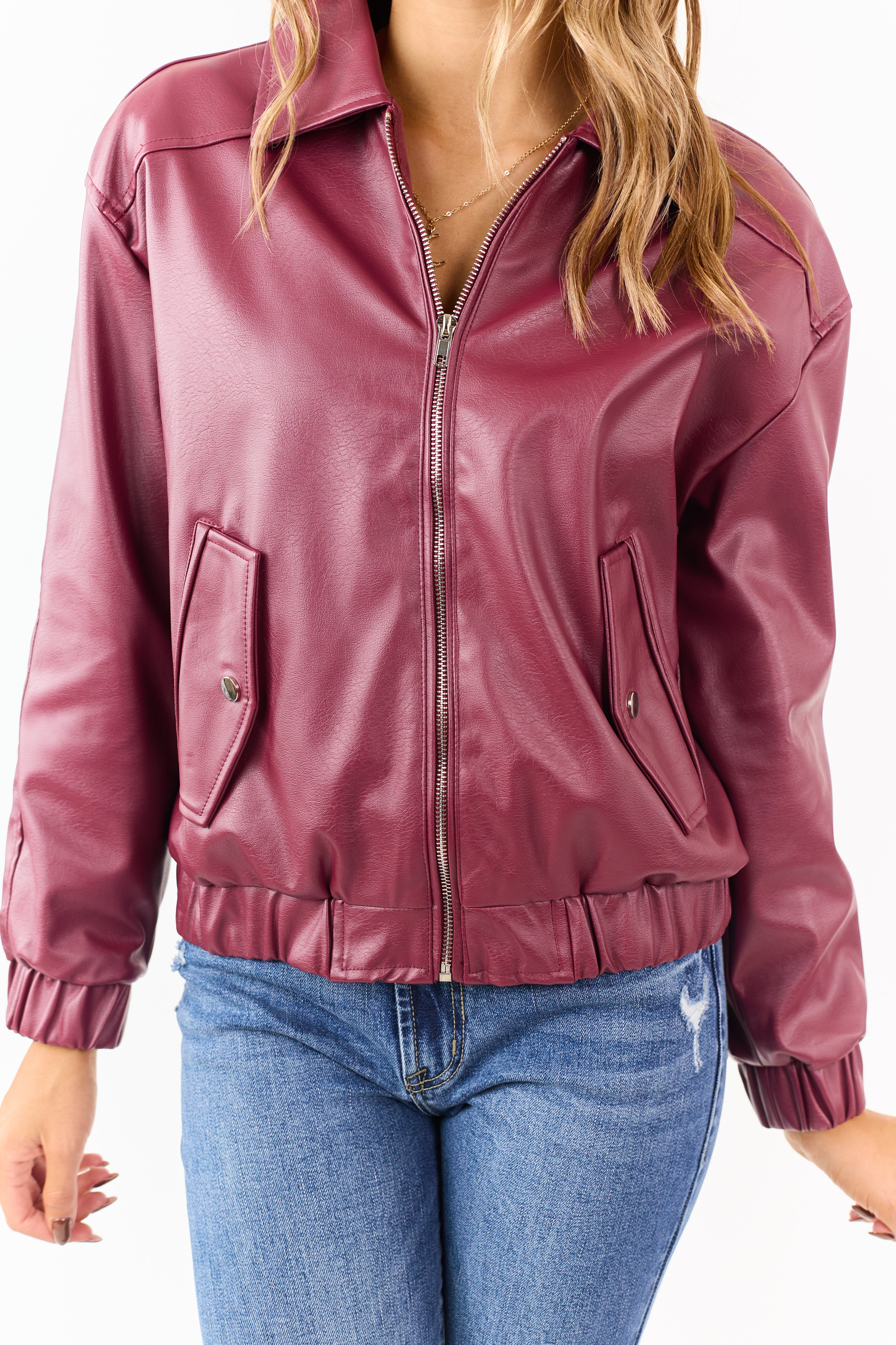 Wine Crinkle Faux Leather Zip Up Bomber Jacket