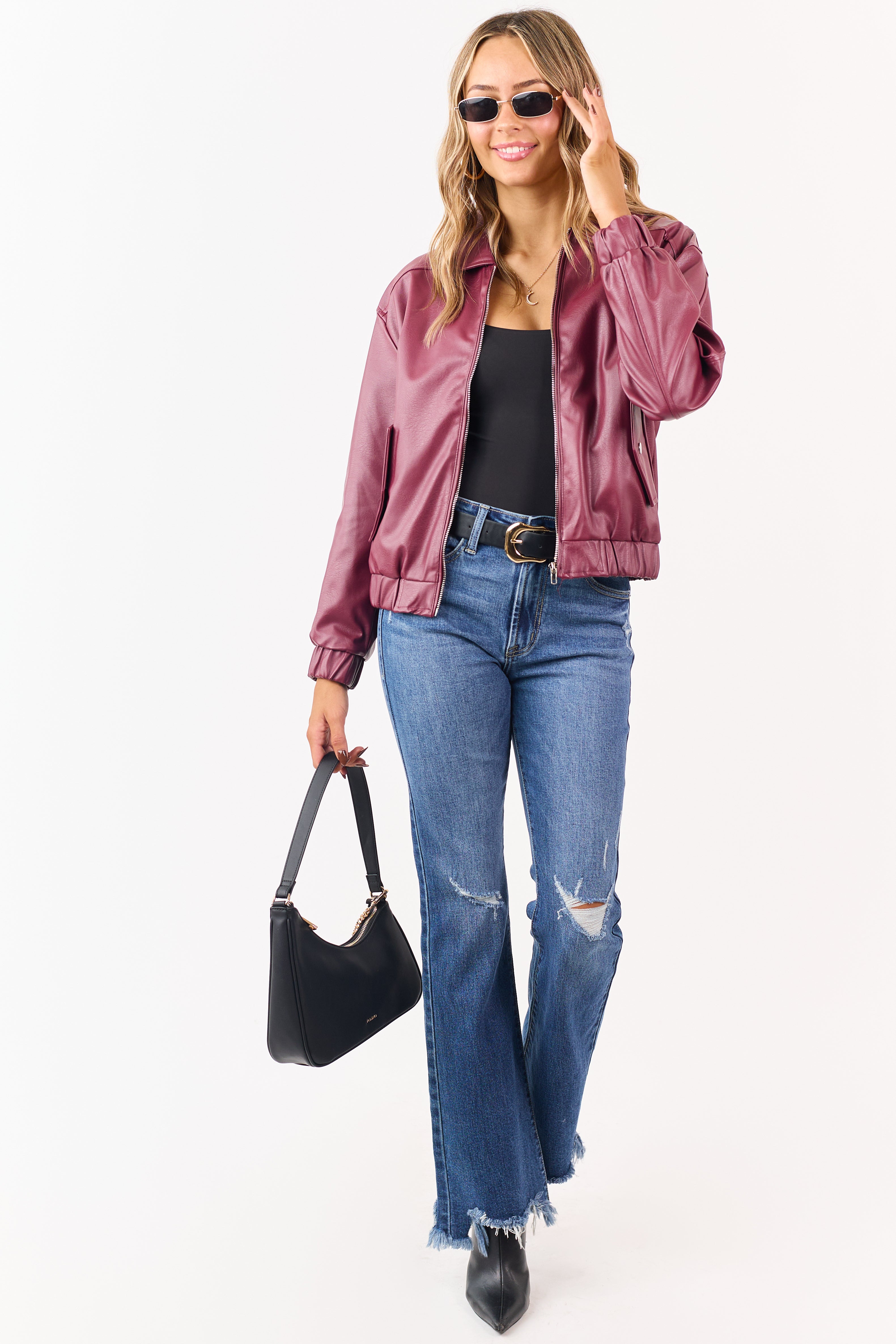 Wine Crinkle Faux Leather Zip Up Bomber Jacket