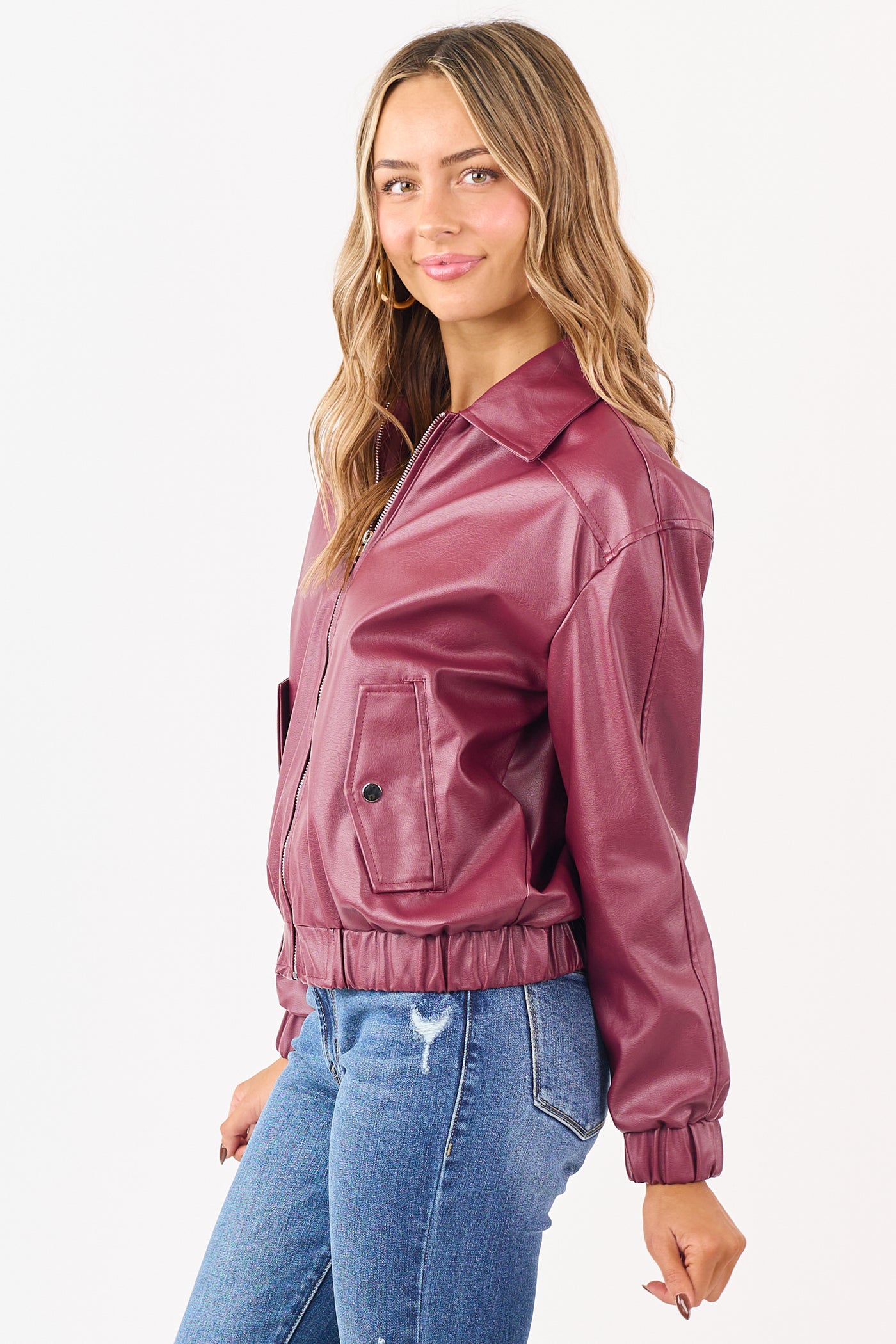 Wine Crinkle Faux Leather Zip Up Bomber Jacket