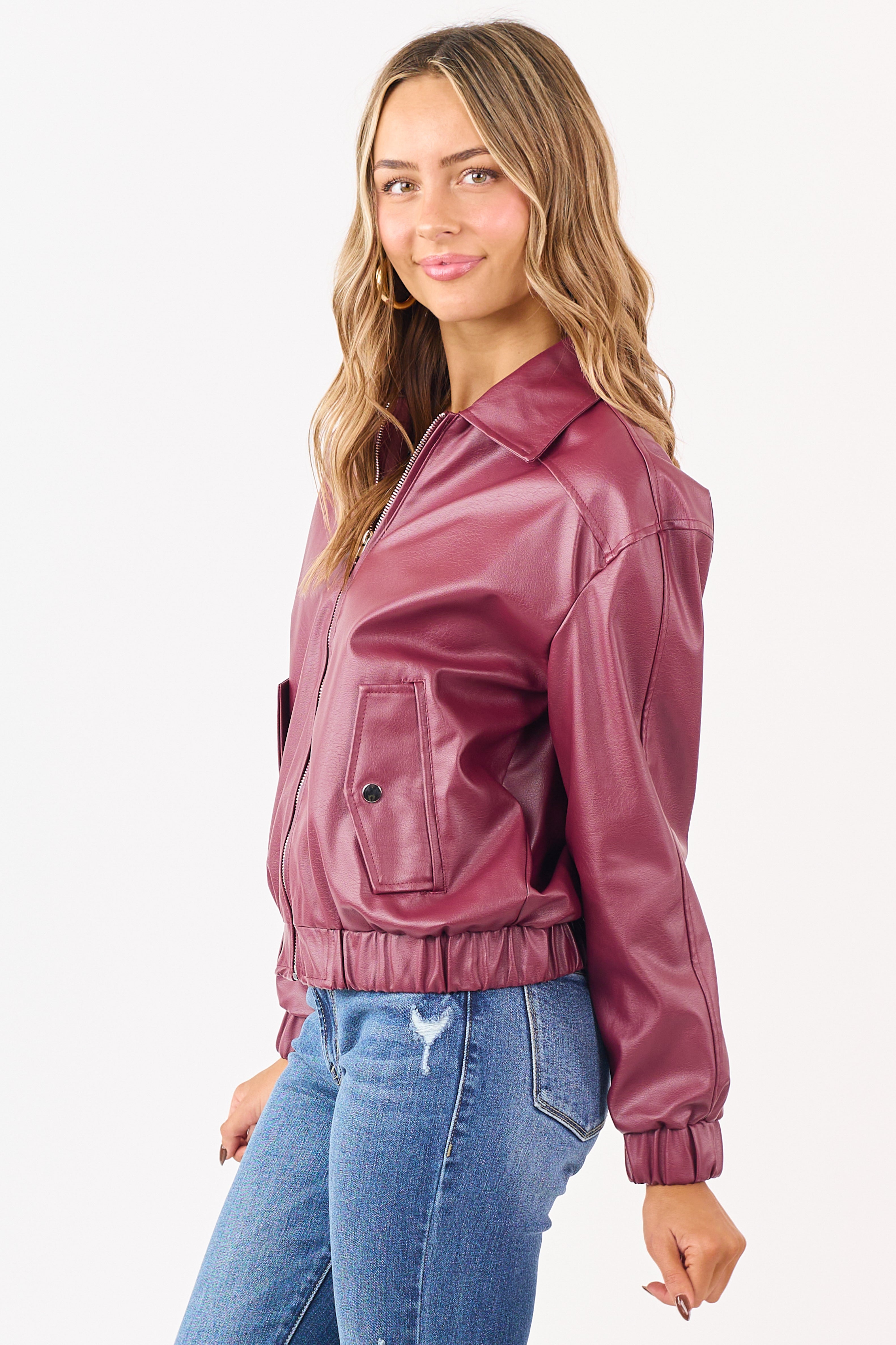 Wine Crinkle Faux Leather Zip Up Bomber Jacket