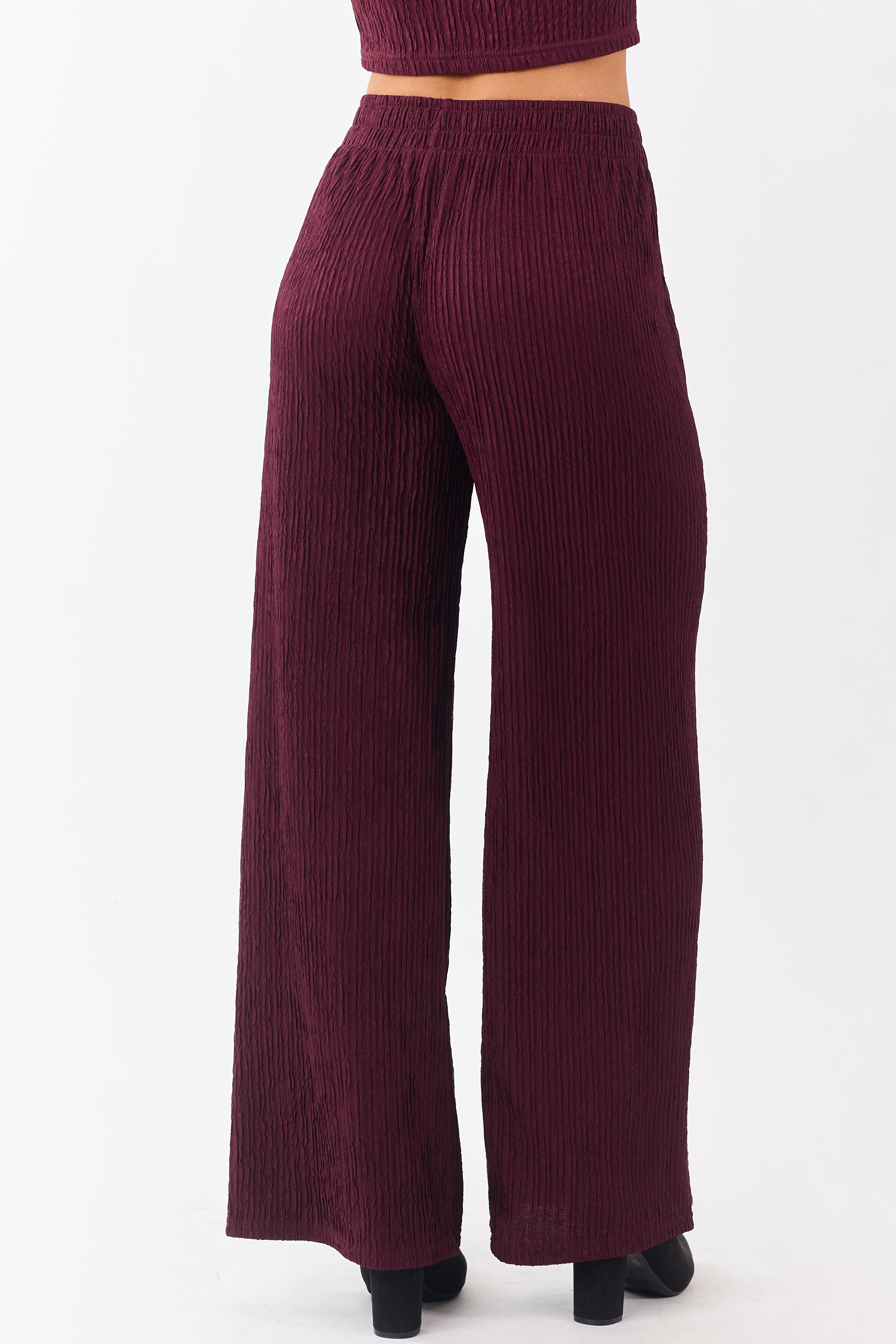Wine Crinkled Plisse Crop Tank Top and Pants Set