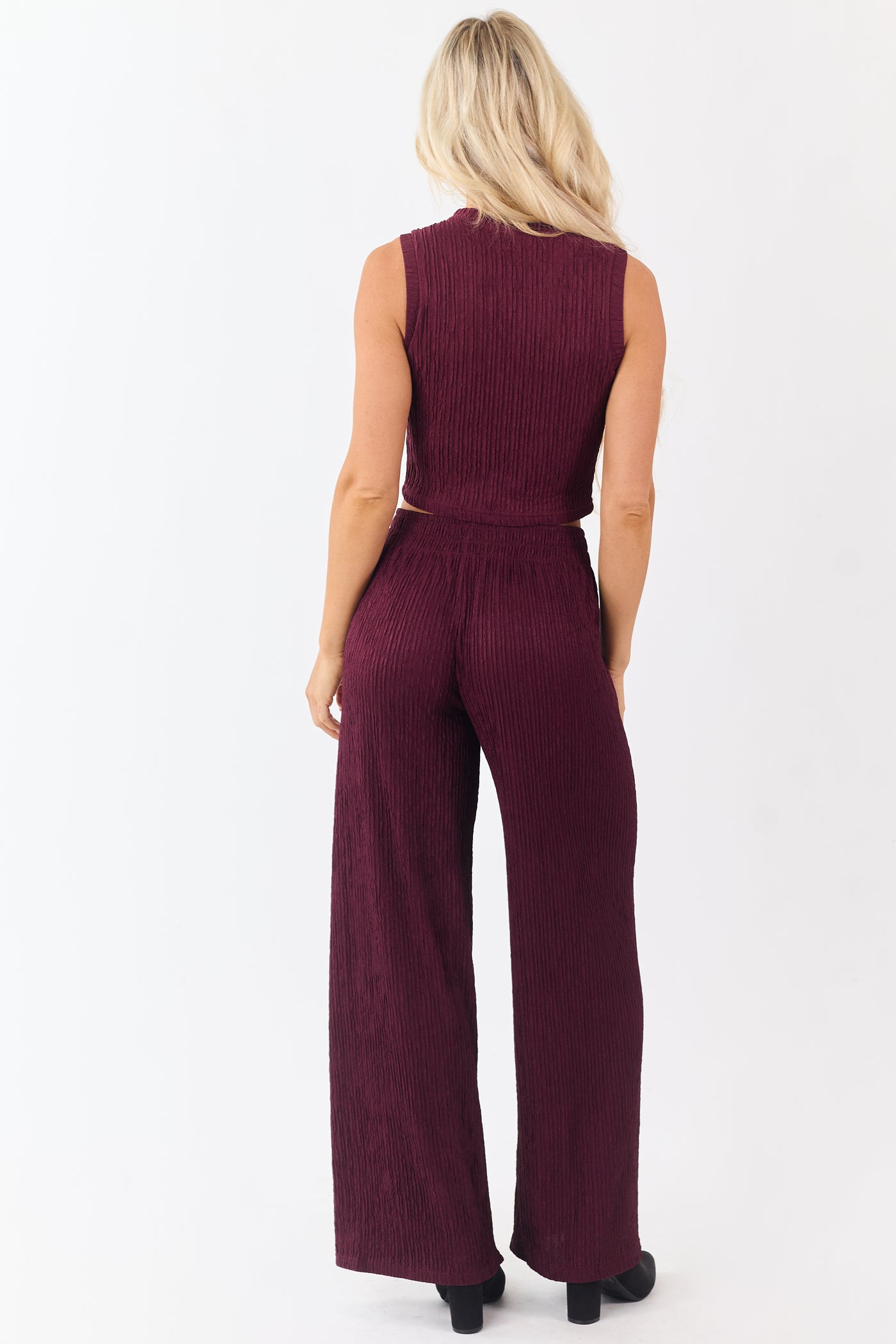 Wine Crinkled Plisse Crop Tank Top and Pants Set