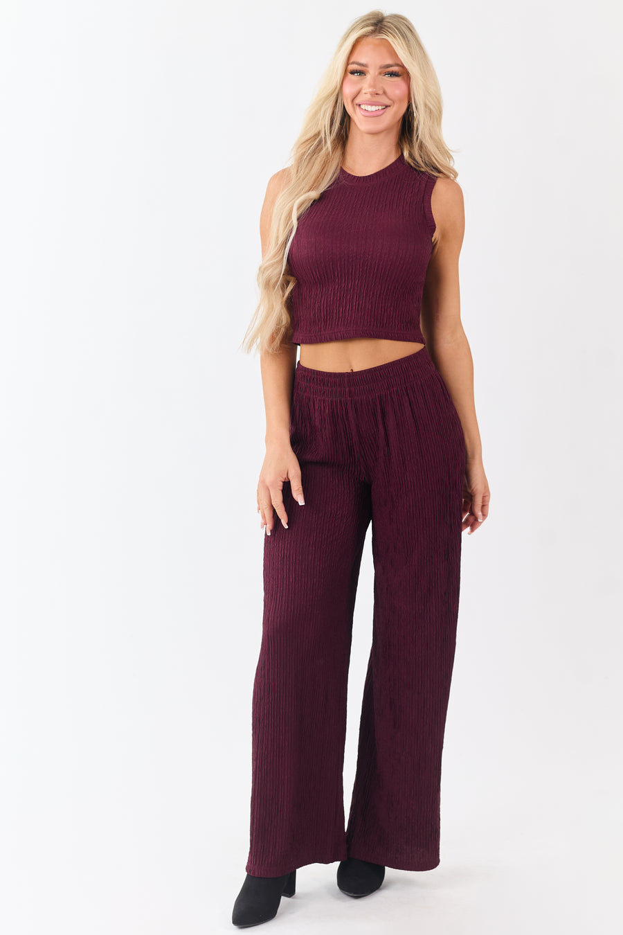 Wine Crinkled Plisse Crop Tank Top and Pants Set