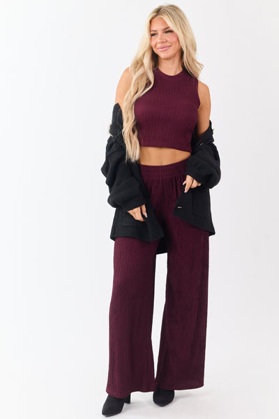 Wine Crinkled Plisse Crop Tank Top and Pants Set