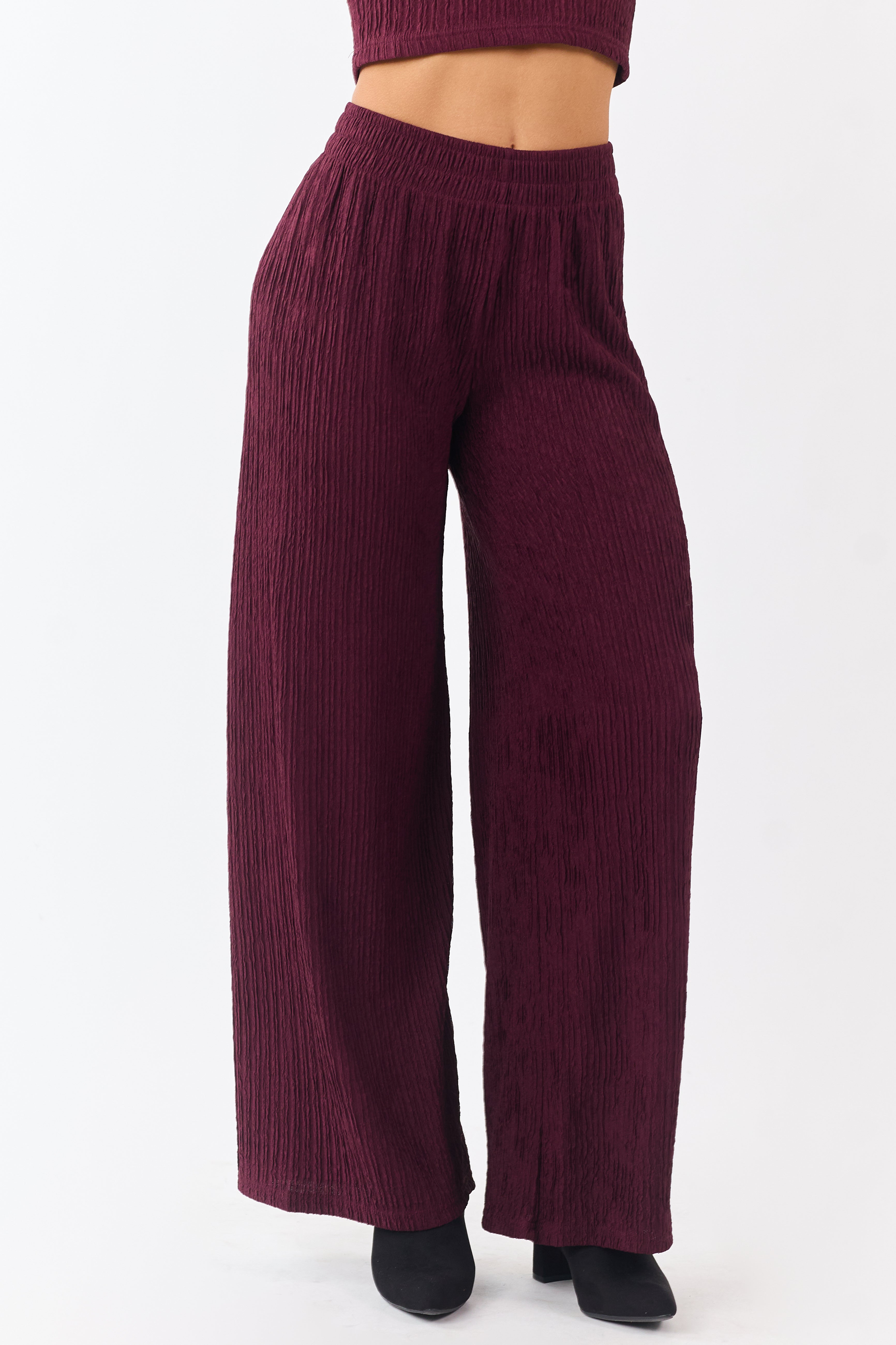 Wine Crinkled Plisse Crop Tank Top and Pants Set