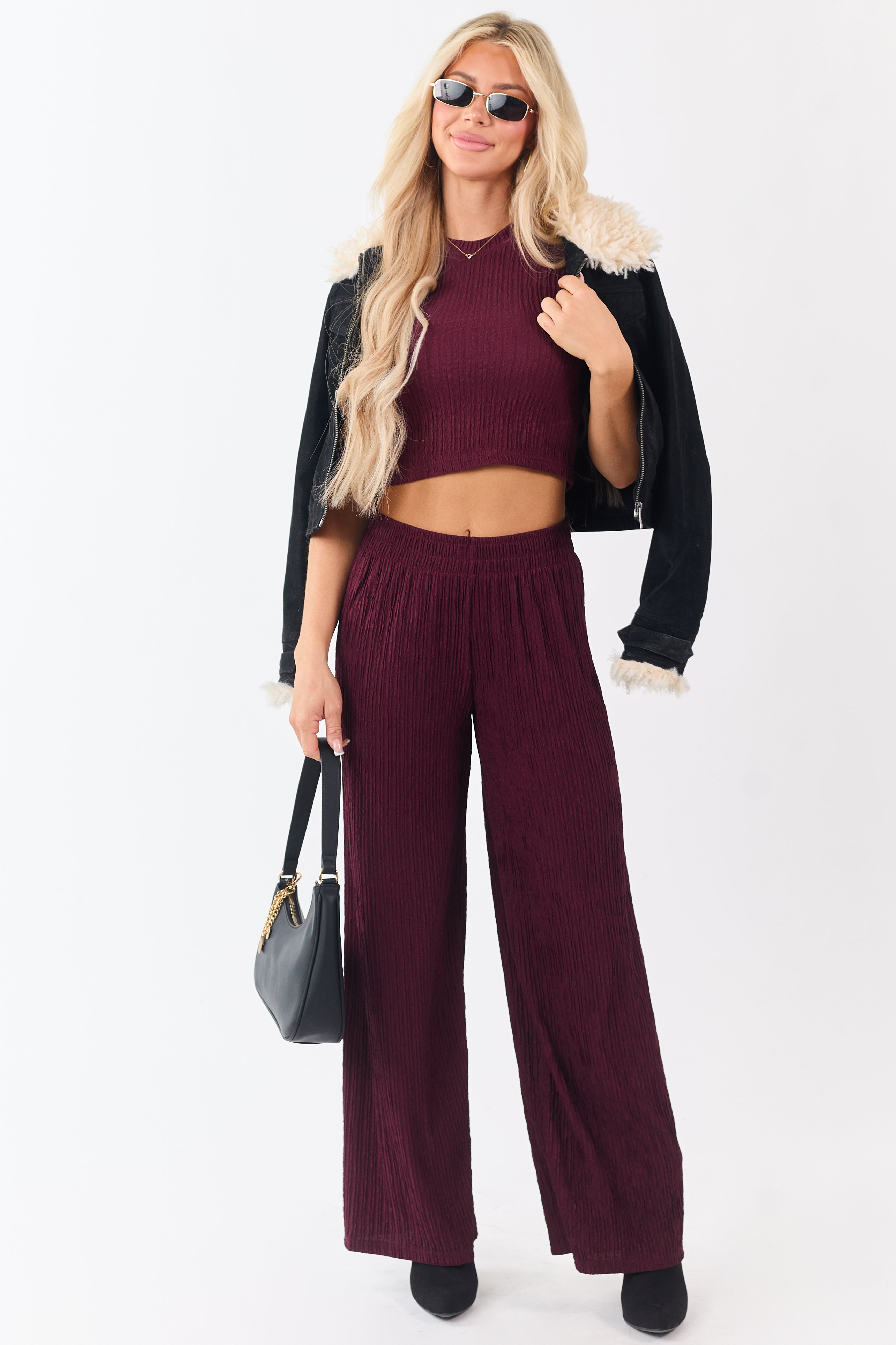 Wine Crinkled Plisse Crop Tank Top and Pants Set