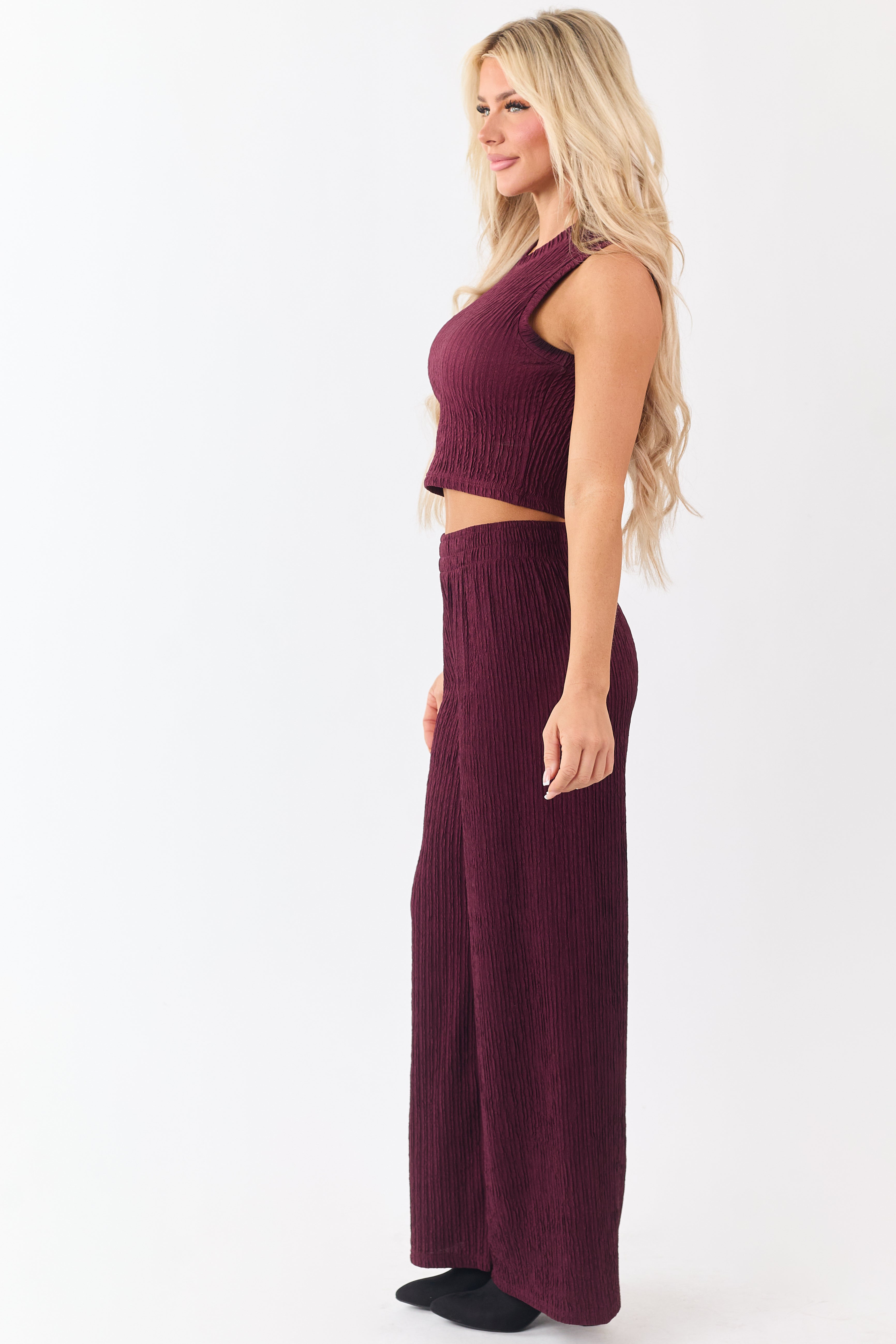 Wine Crinkled Plisse Crop Tank Top and Pants Set