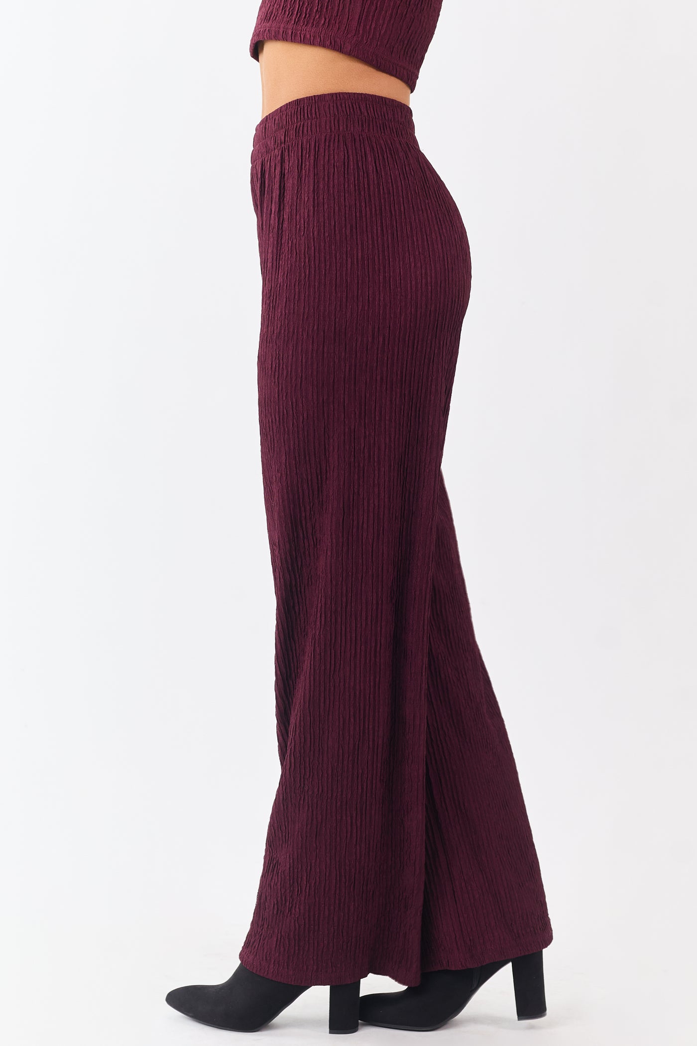 Wine Crinkled Plisse Crop Tank Top and Pants Set