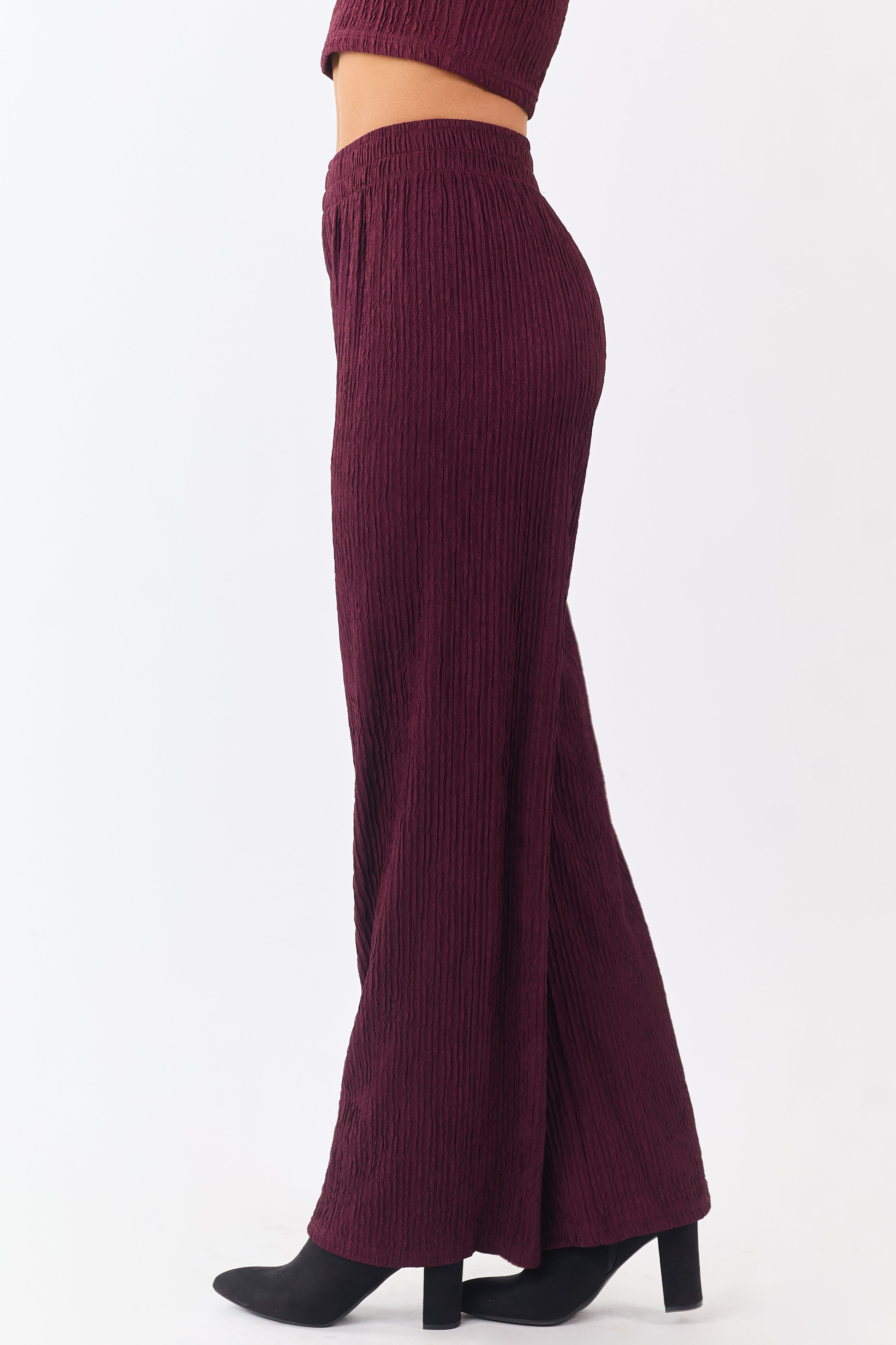 Wine Crinkled Plisse Crop Tank Top and Pants Set