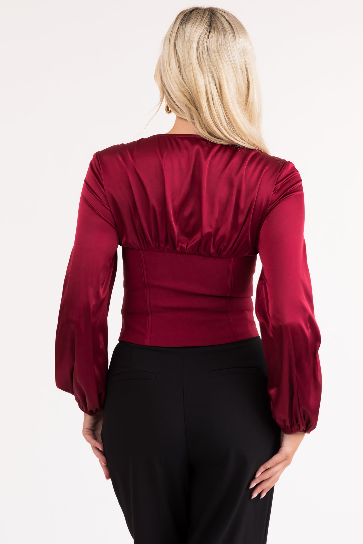 Wine Deep V Neck Long Sleeve Corset Waist Blouse