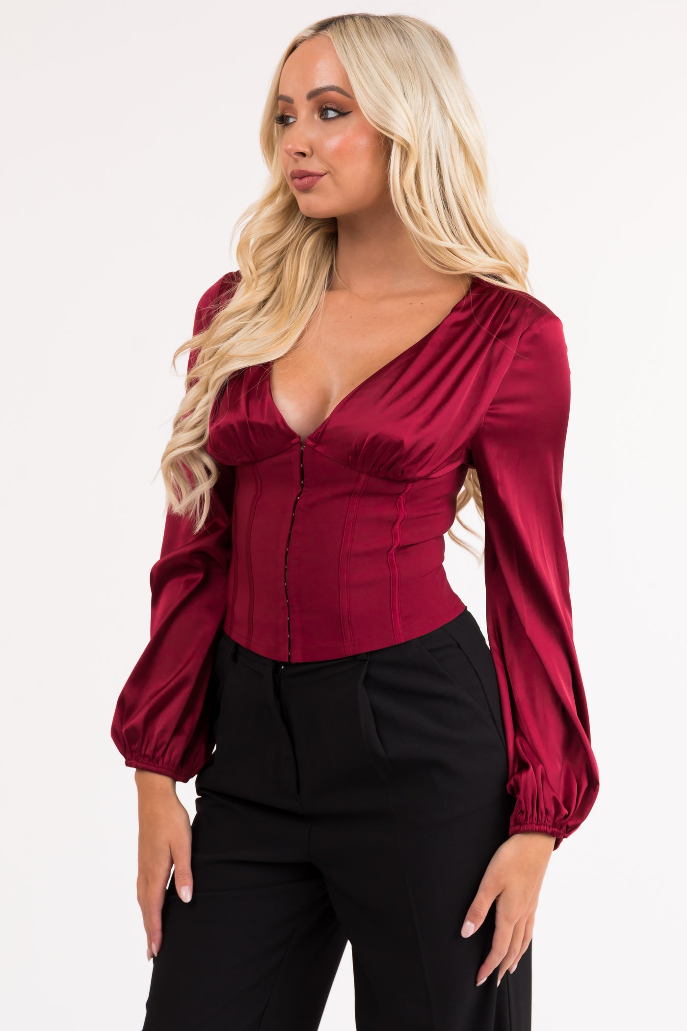 Wine Deep V Neck Long Sleeve Corset Waist Blouse