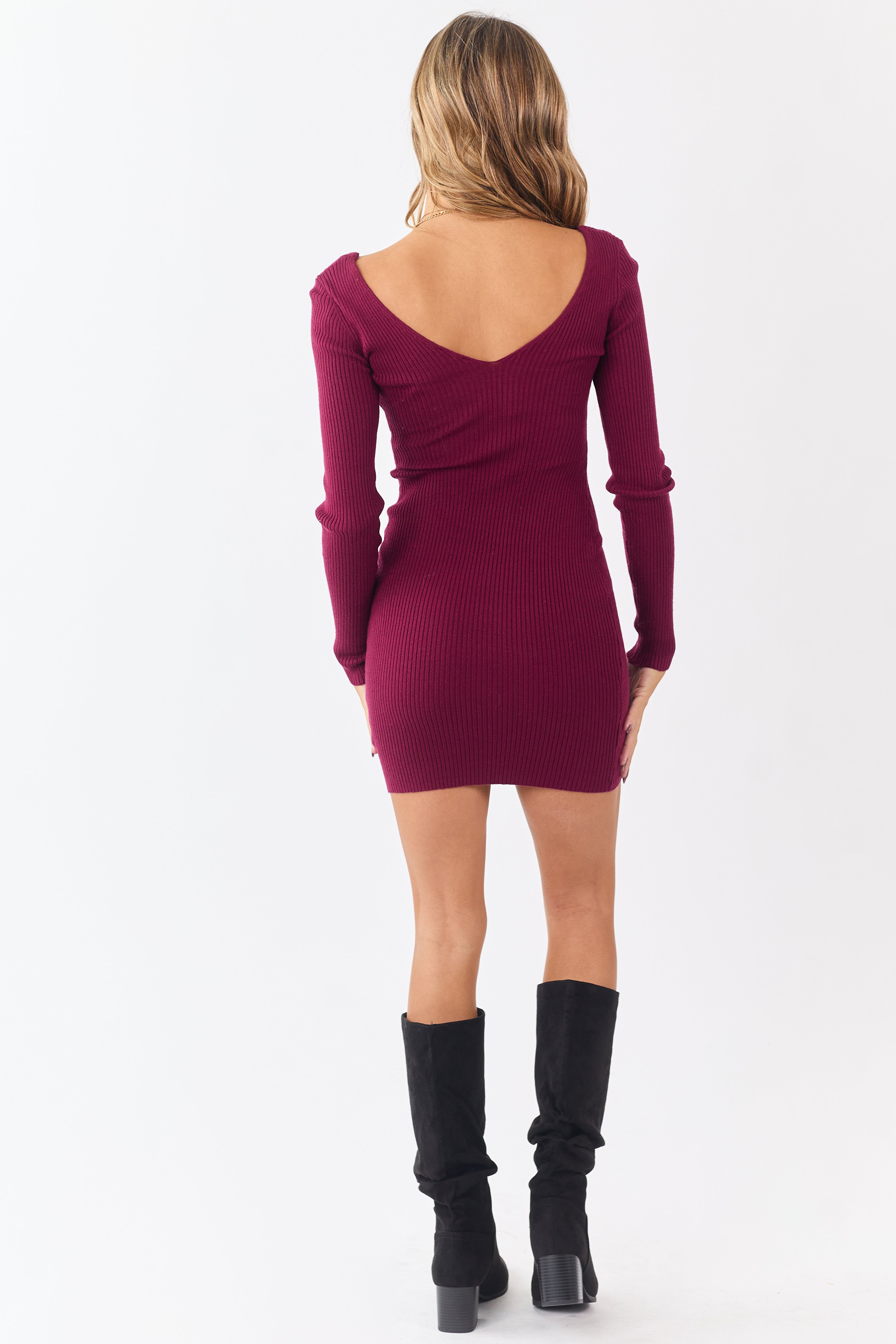 Wine Deep V-Neck Rib Knit Bodycon Mini Dress