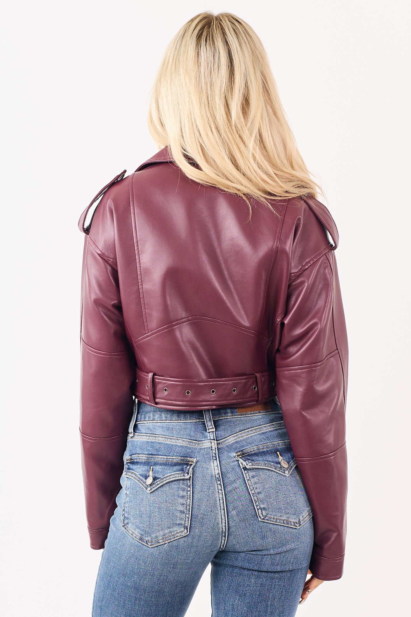 Wine Faux Leather Zip Up Cropped Jacket