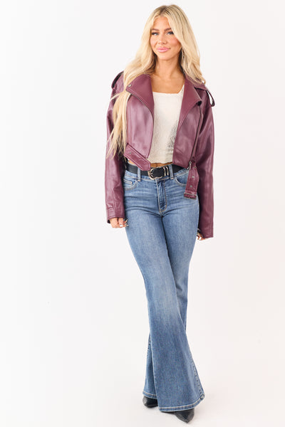 Wine Faux Leather Zip Up Cropped Jacket