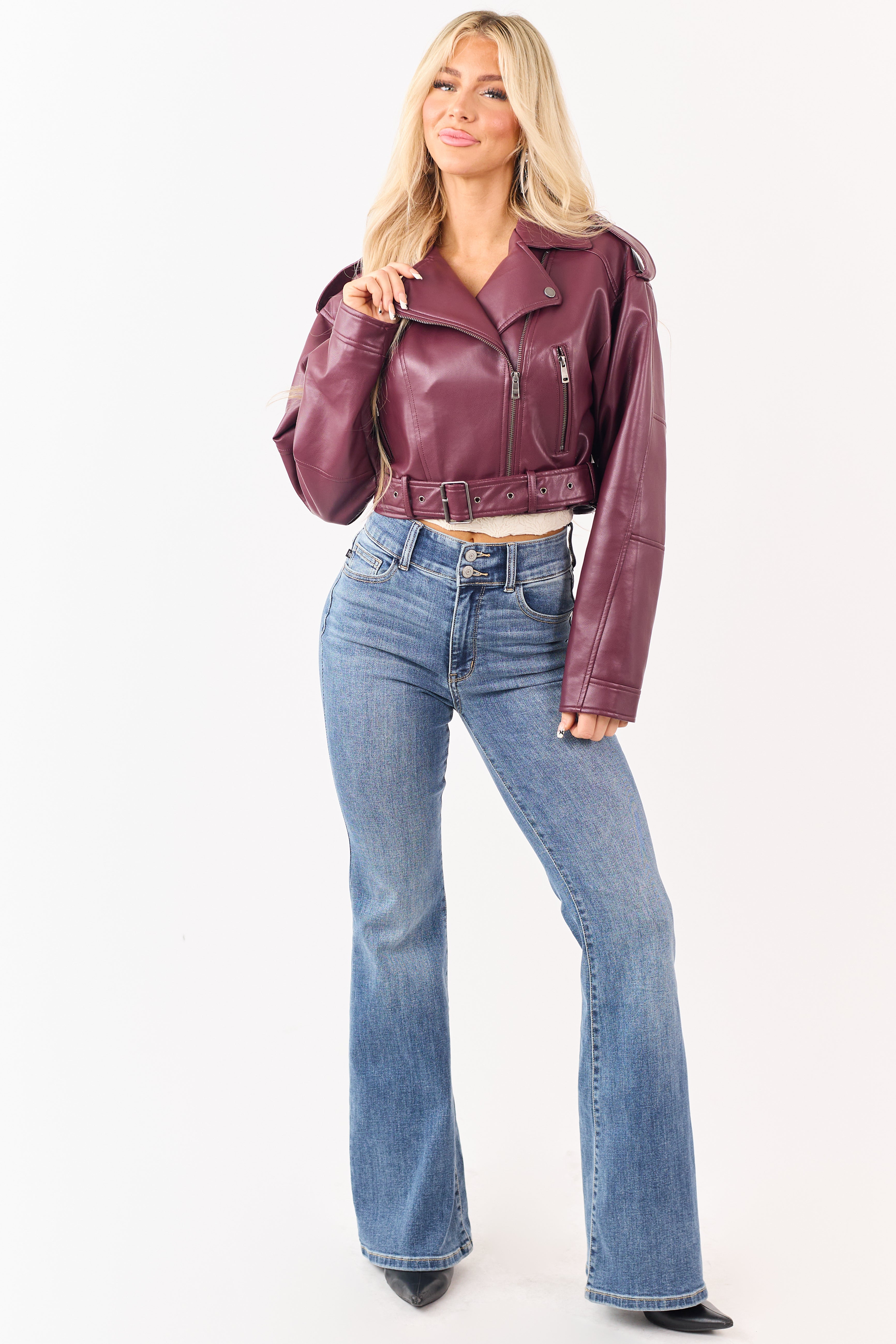 Wine Faux Leather Zip Up Cropped Jacket