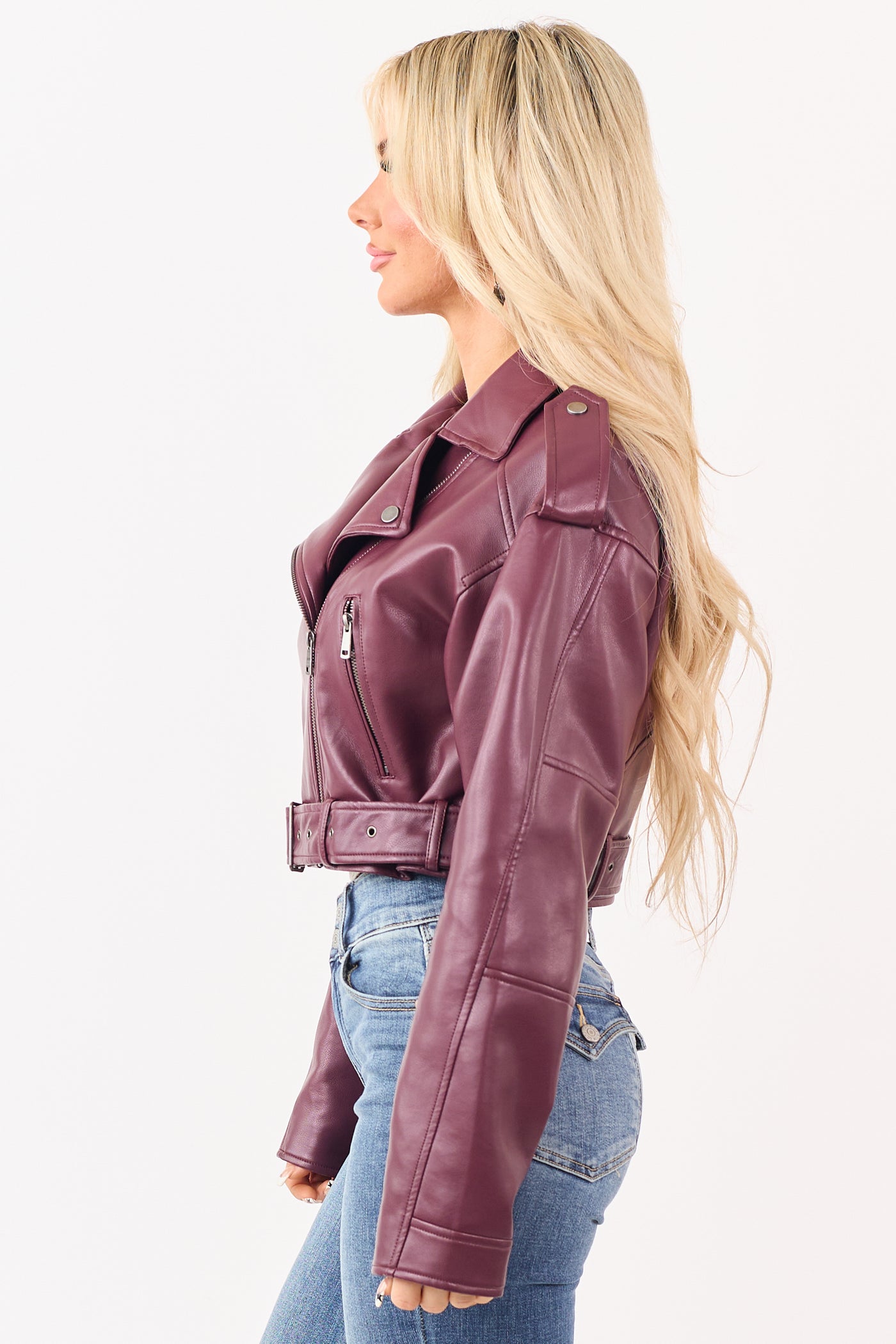 Wine Faux Leather Zip Up Cropped Jacket