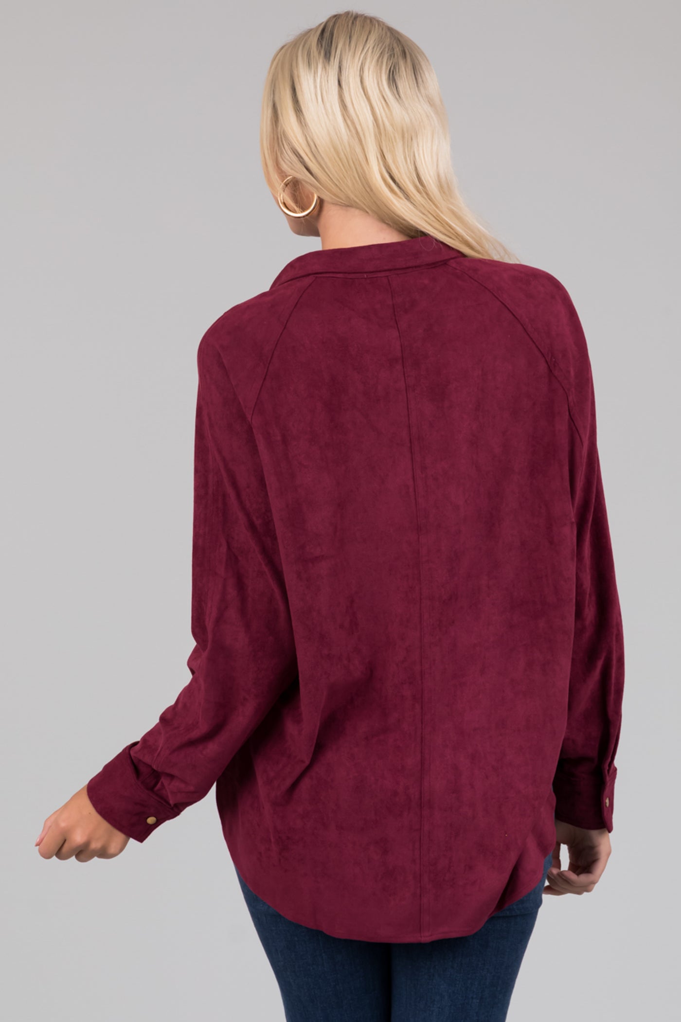 Wine Faux Suede Button Up Long Sleeve Shirt