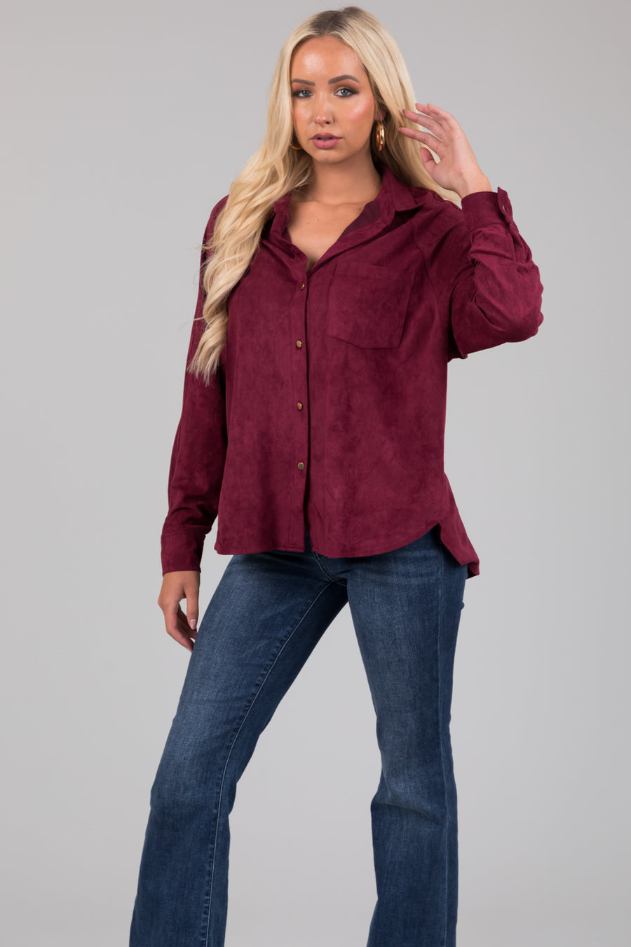 Wine Faux Suede Button Up Long Sleeve Shirt