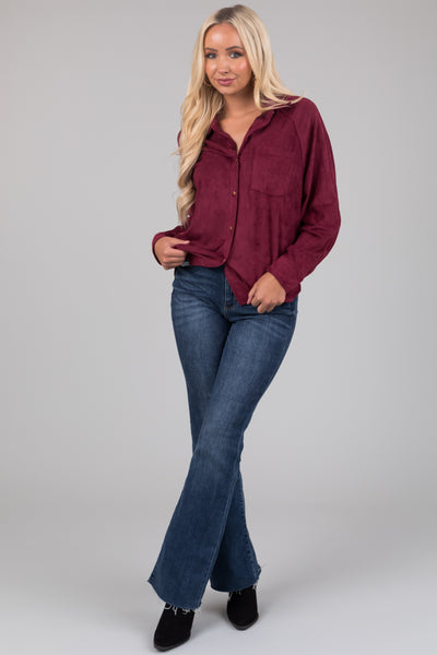 Wine Faux Suede Button Up Long Sleeve Shirt