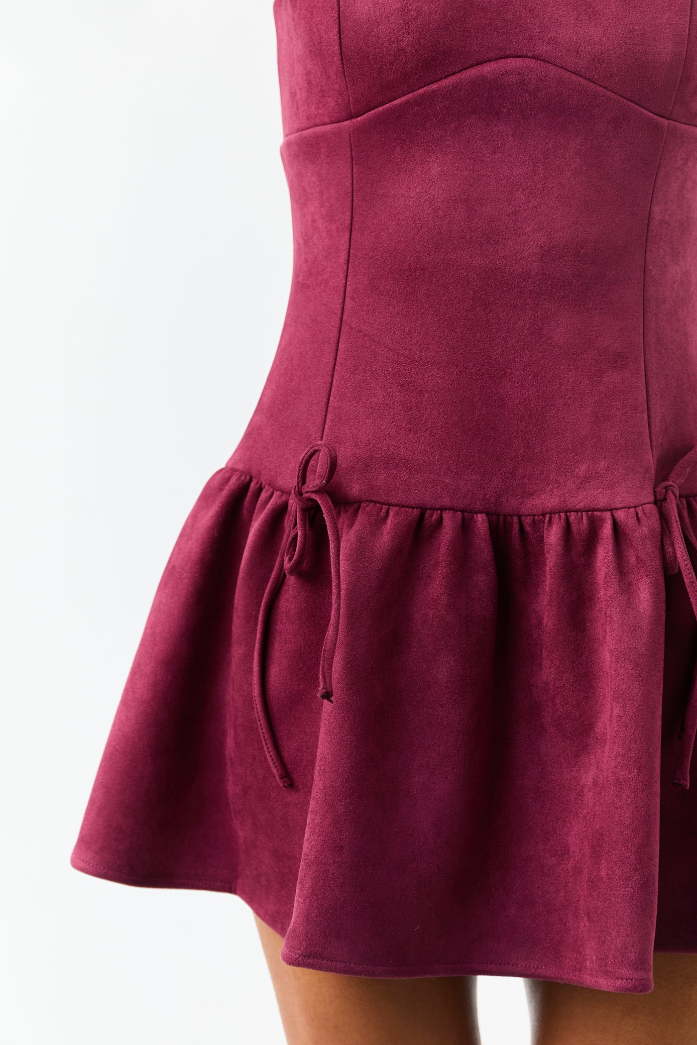 Wine Faux Suede Drop Waist Ruffle Hem Mini Dress