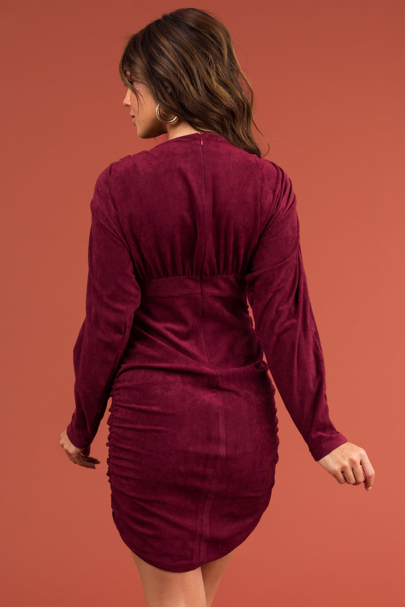 Wine Faux Suede Ruched Long Sleeve Mini Dress