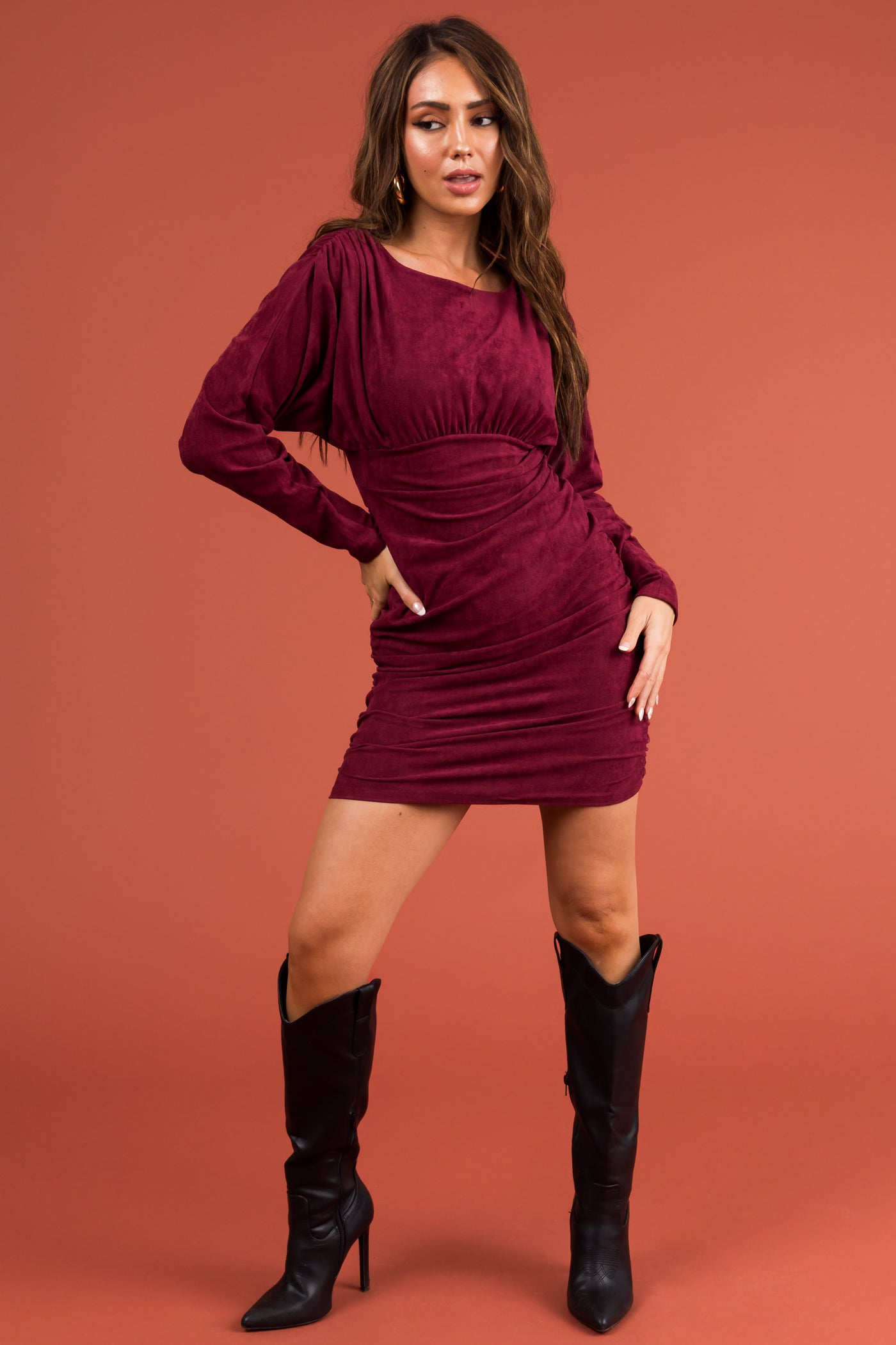 Wine Faux Suede Ruched Long Sleeve Mini Dress