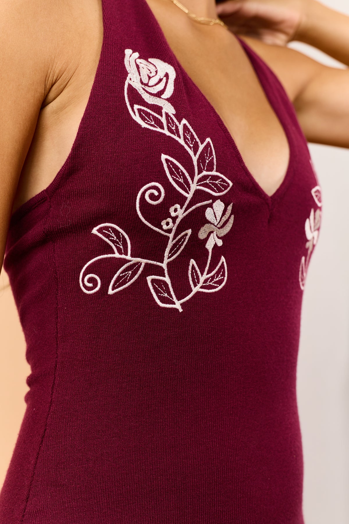 Wine Floral Embroidered Halter Neck Mini Dress