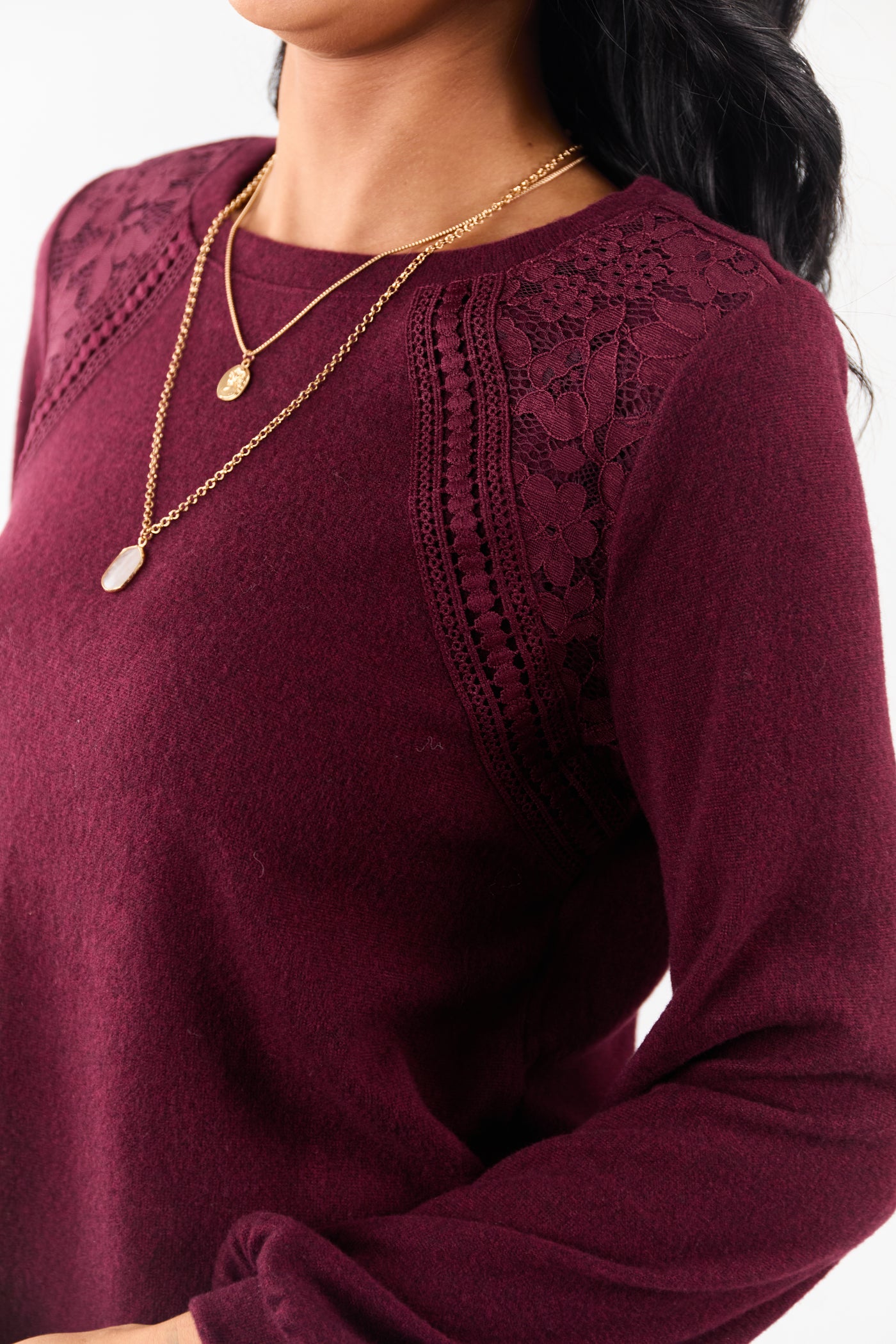 Wine Floral Lace Detailed Sweater