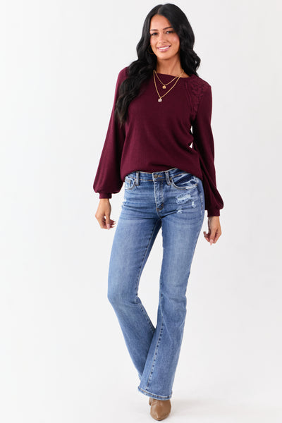 Wine Floral Lace Detailed Sweater