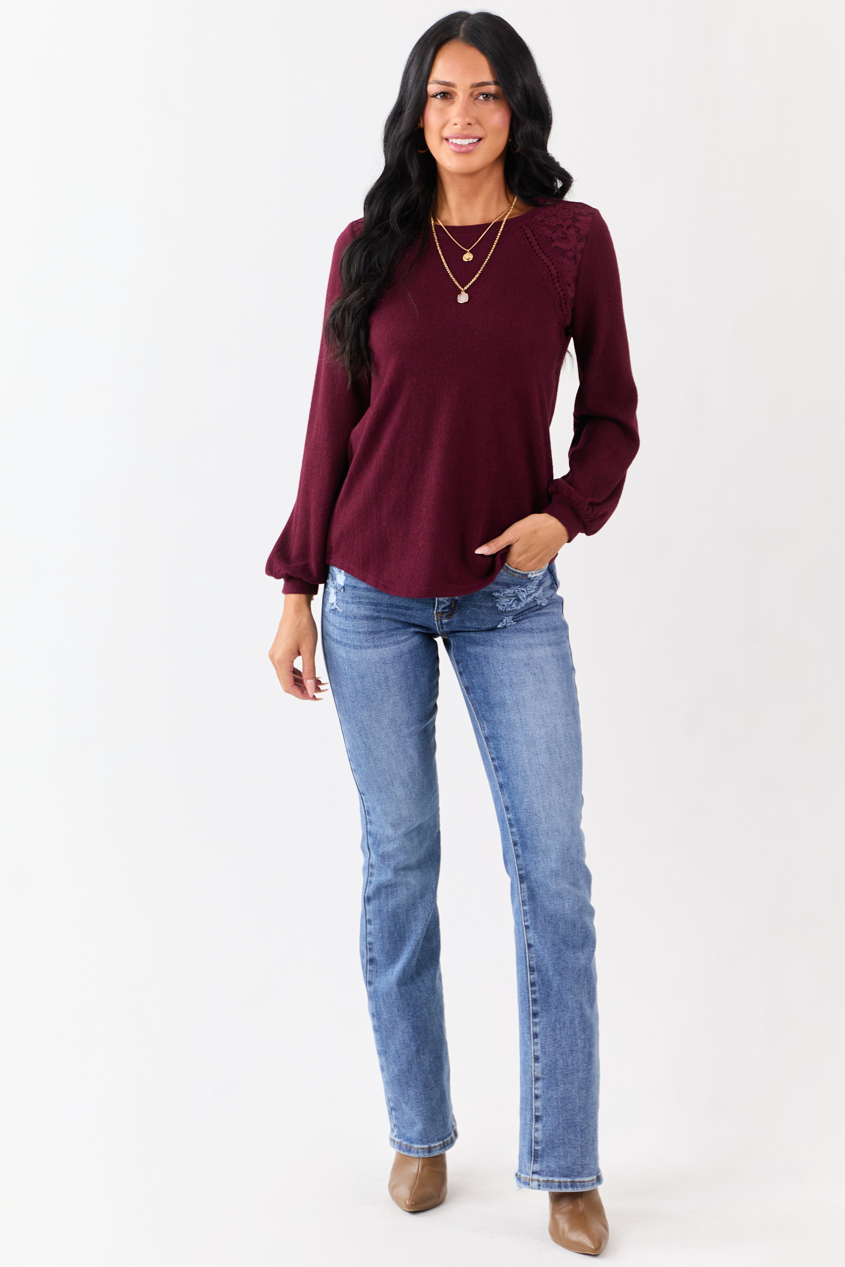 Wine Floral Lace Detailed Sweater