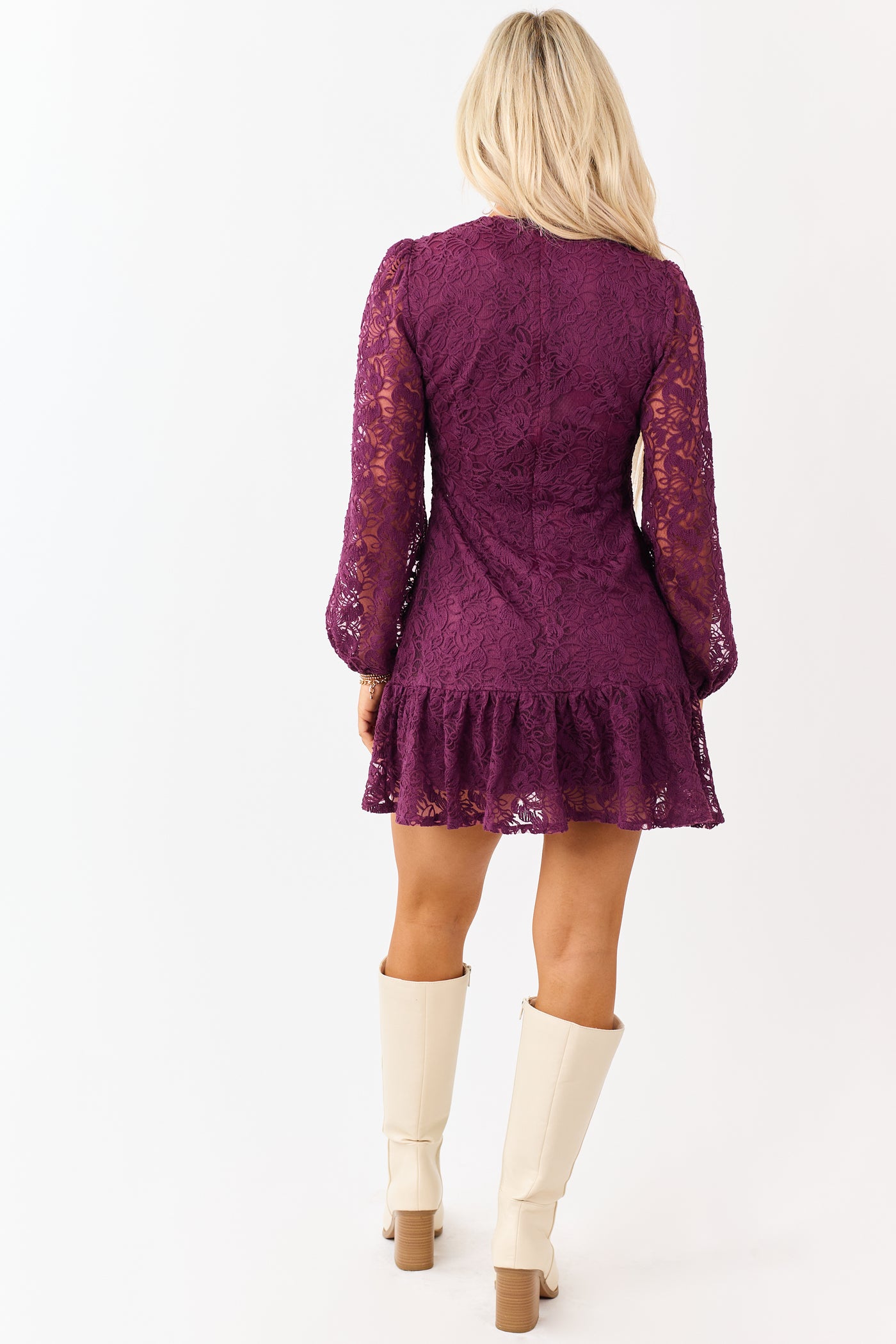 Wine Floral Lace Long Sleeve Ruffle Hem Mini Dress