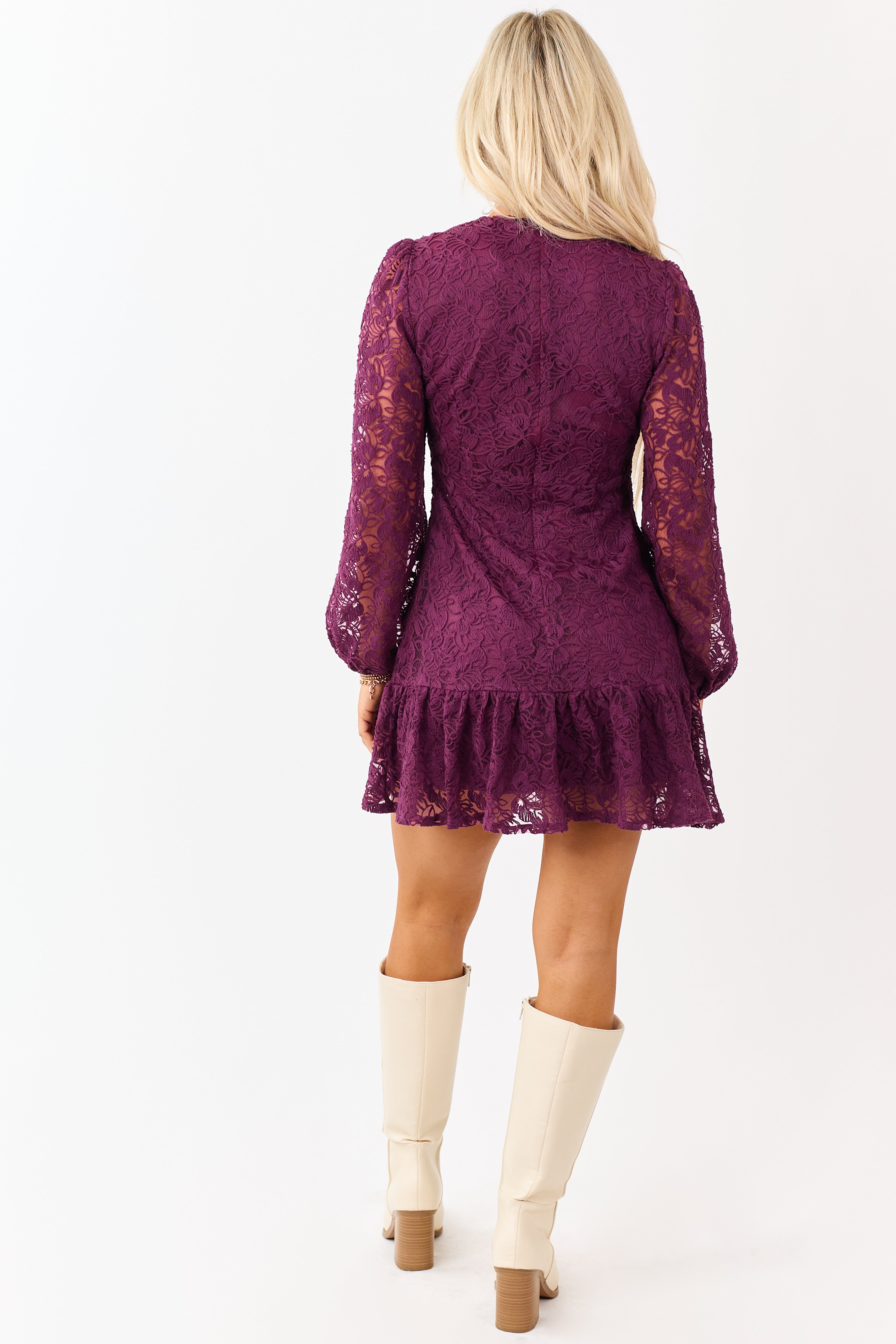 Wine Floral Lace Long Sleeve Ruffle Hem Mini Dress