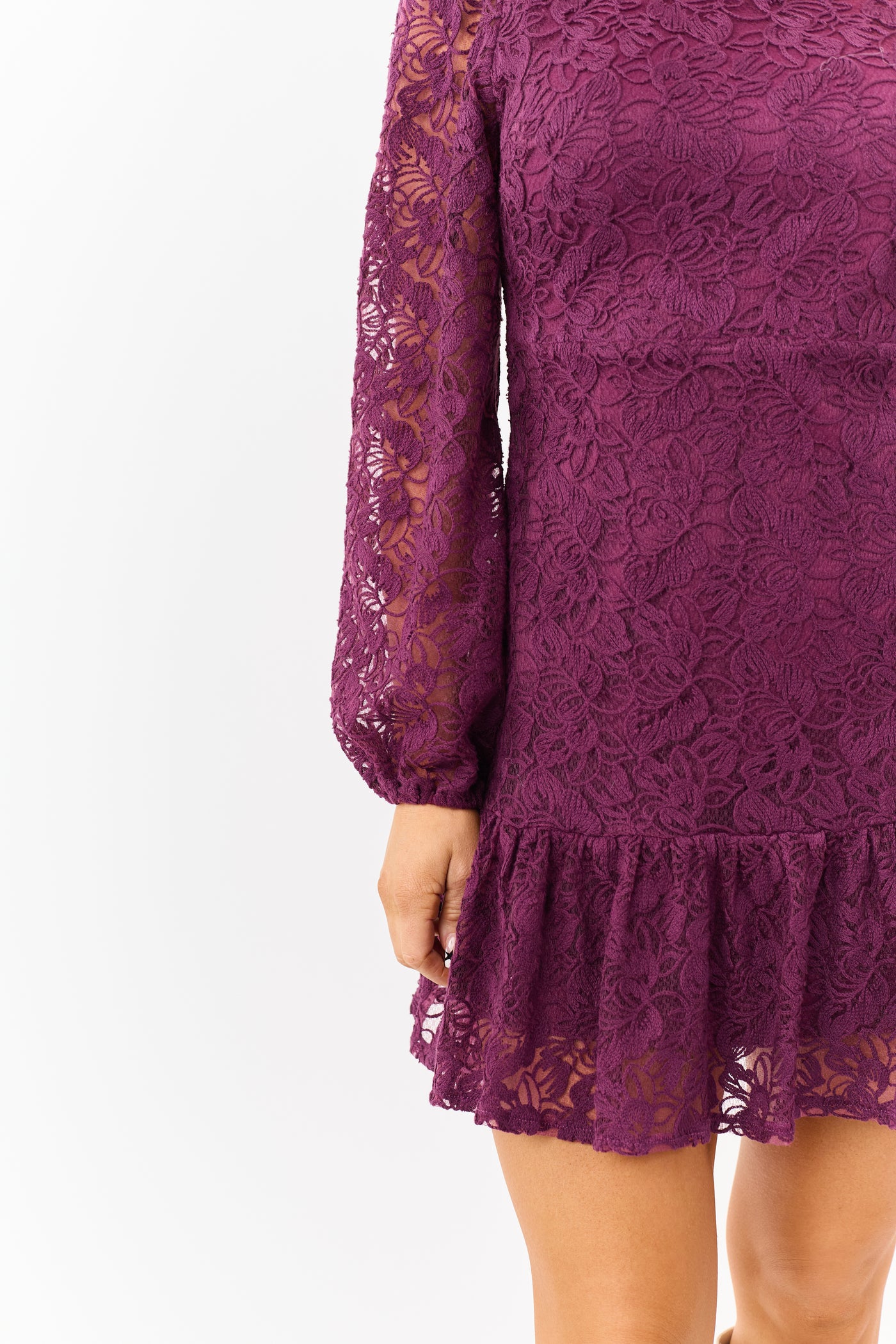 Wine Floral Lace Long Sleeve Ruffle Hem Mini Dress