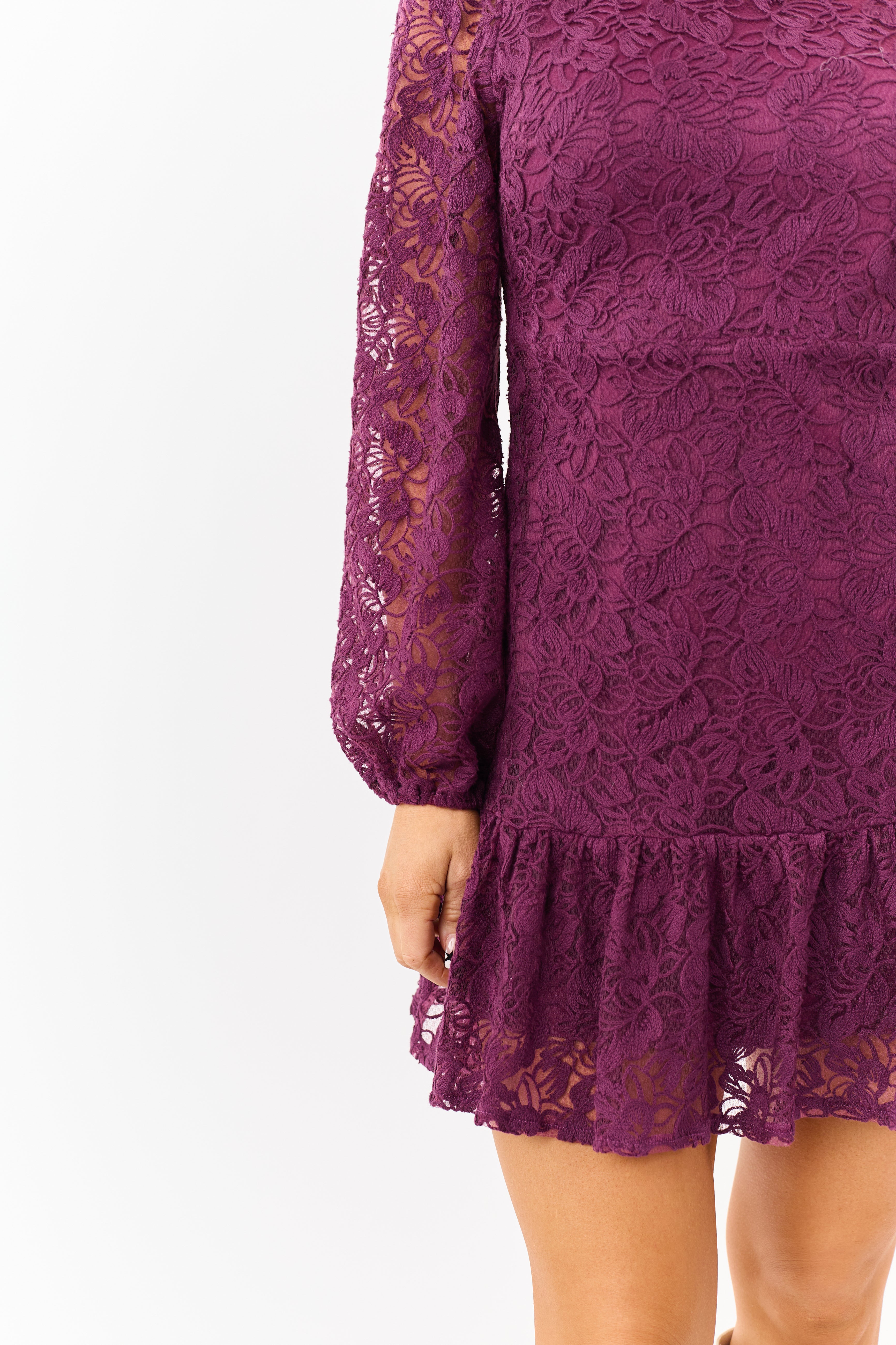 Wine Floral Lace Long Sleeve Ruffle Hem Mini Dress