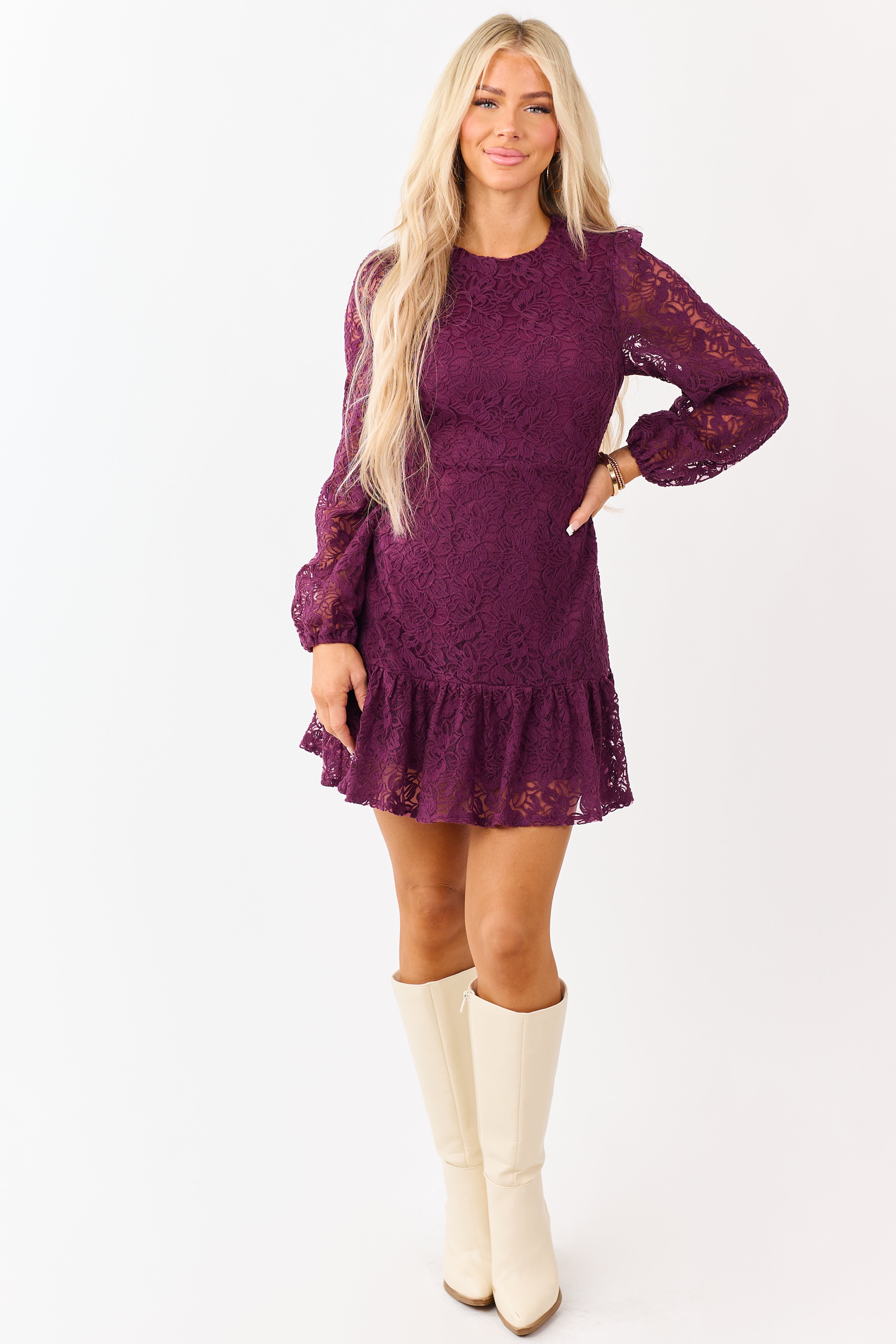 Wine Floral Lace Long Sleeve Ruffle Hem Mini Dress