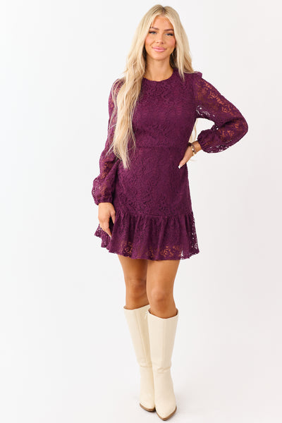 Wine Floral Lace Long Sleeve Ruffle Hem Mini Dress