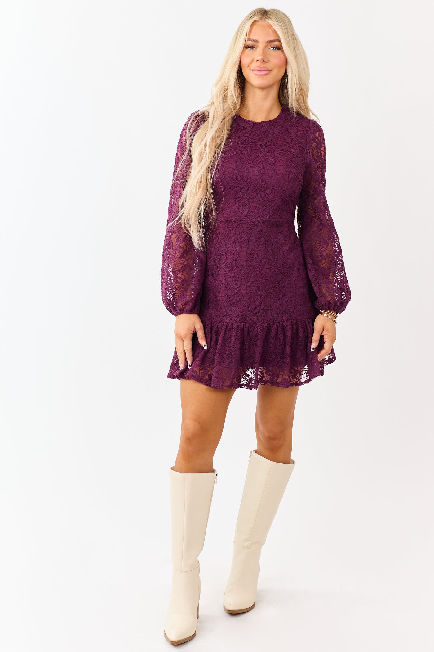 Wine Floral Lace Long Sleeve Ruffle Hem Mini Dress