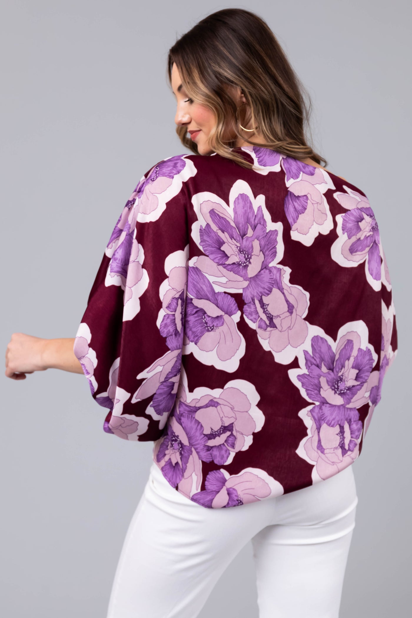 Wine Floral Print Satin Dolman Sleeve Blouse