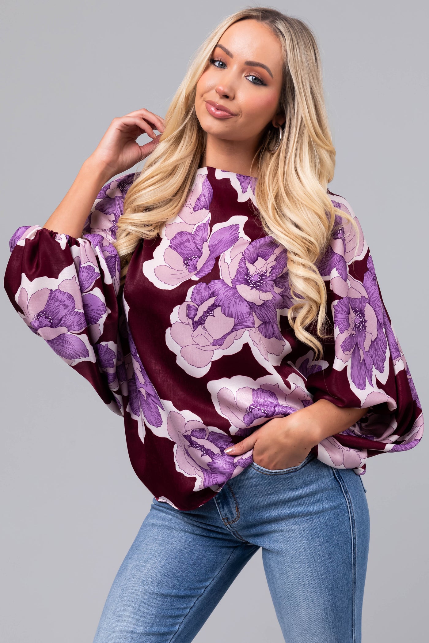 Wine Floral Print Satin Dolman Sleeve Blouse