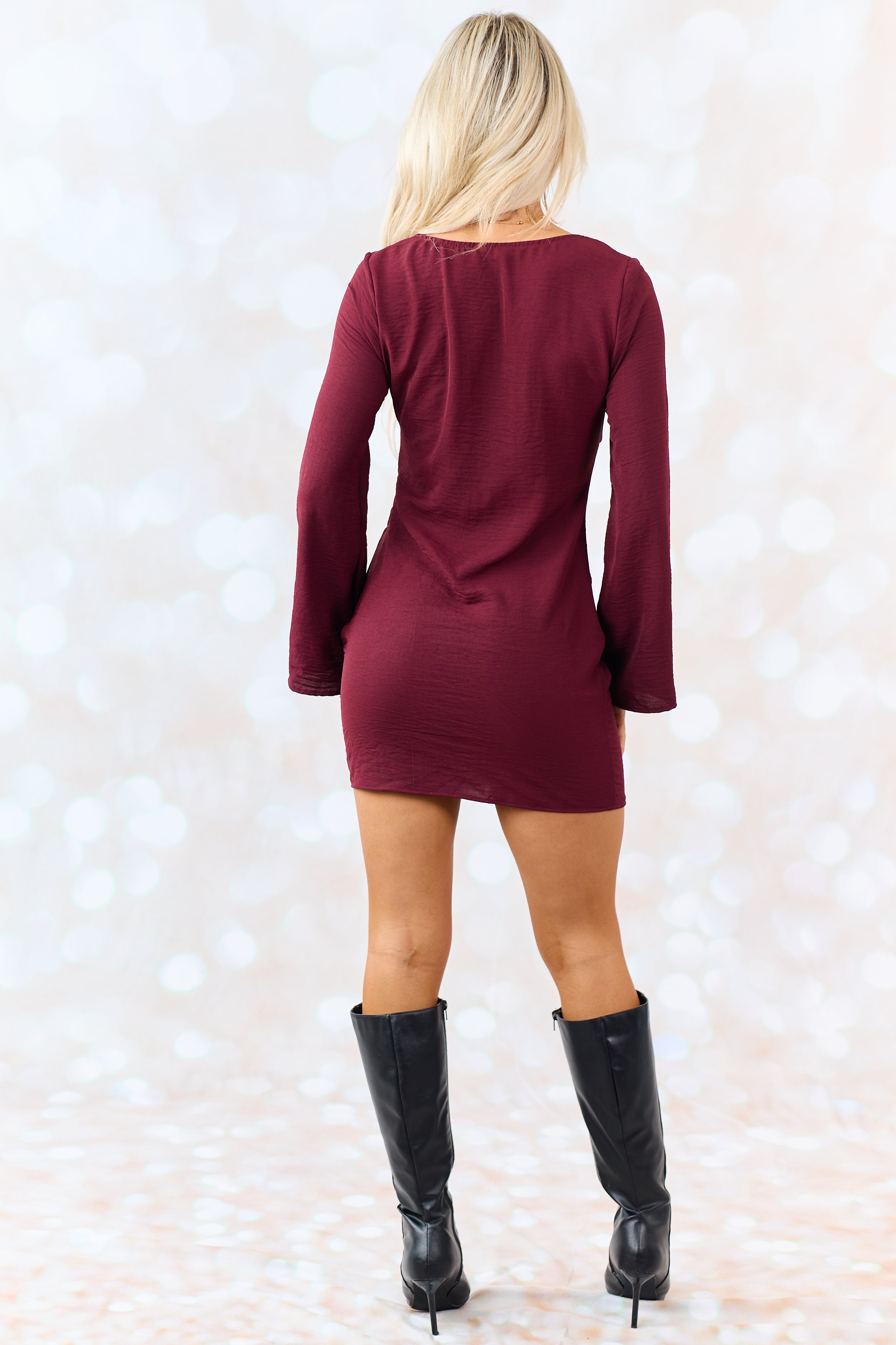 Wine Long Flare Sleeve Front Tie Mini Dress